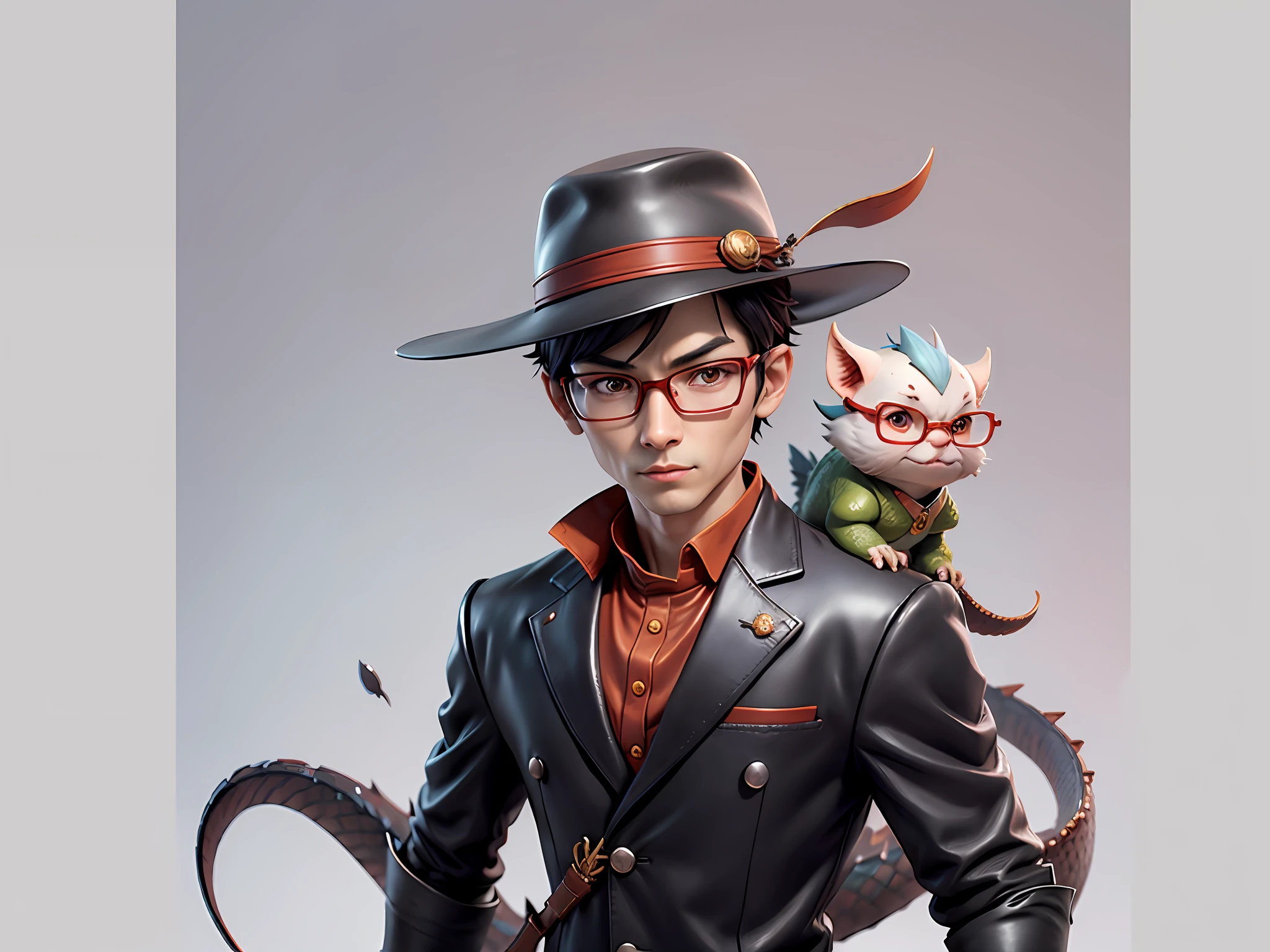 Young man with oriental face in leather hat, dragon, formal suit, short black hair, silver glasses, digital painting, 3D character design by Mark Clairedon and Pixar and Hayao Miyazaki and Akira Toriyama, the illustration is a high-definition illustration in 4K resolution with very detailed facial features and cartoon-style visuals.