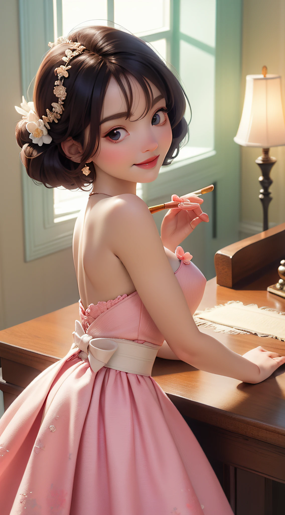 dynamic lighting, A Barbie princess wearing a lovely pink dress, bright, morning light, ((barbie interior design)), (cute:1.3), (pale skin:1.1), (soft smiling:1.1), detailed face, by ilya kuvshinov, nina masic, sharp focus, natural lighting, subsurface scattering, beautiful scene is brought to life, blending, cinematic lighting, retina, anatomically correct, textured skin, award winning