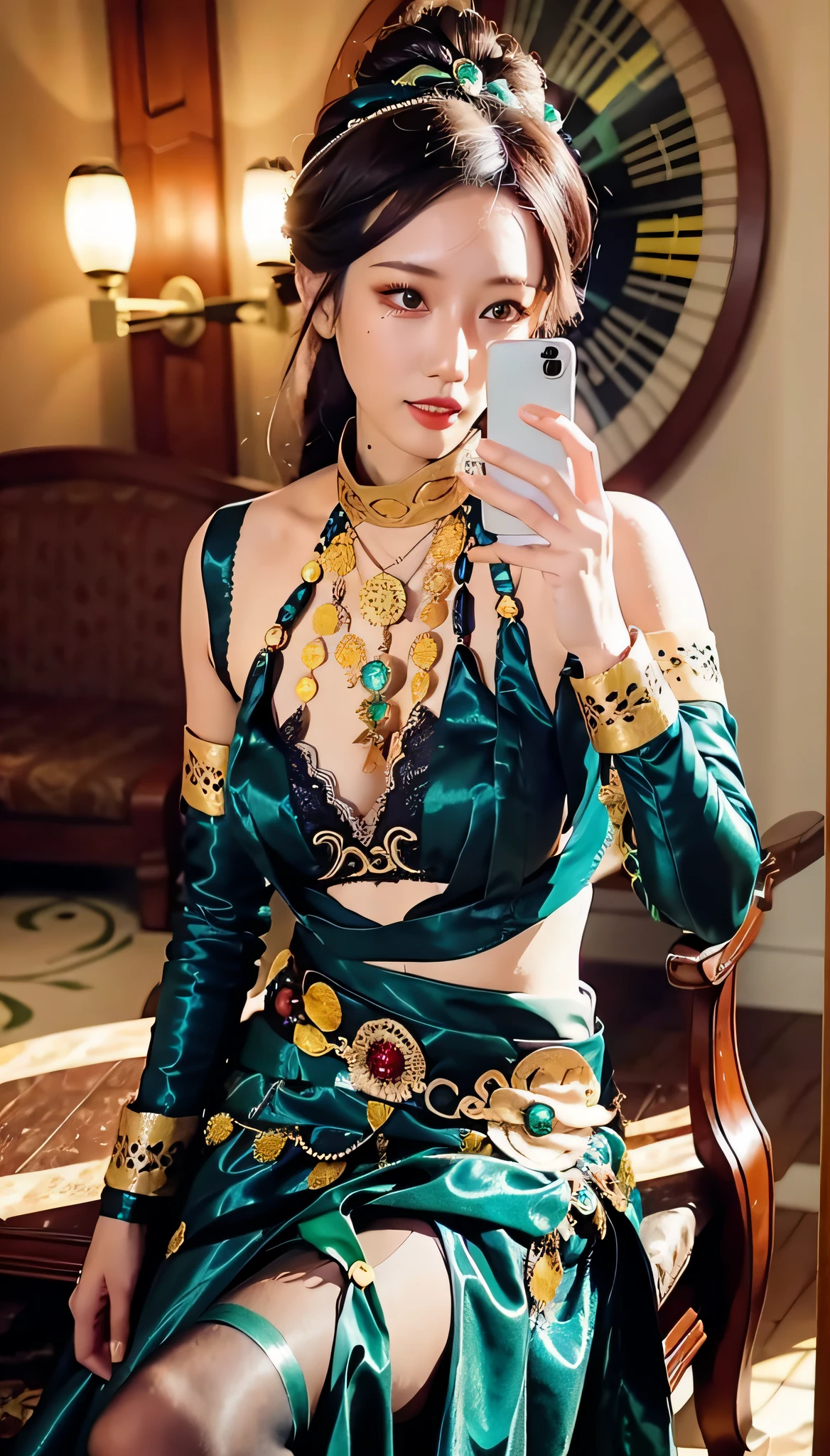 there is a woman that is taking a selfie in a restaurant, with teal clothes, focus on art nouveau suit, Wearing Gorgeous Costume, tiffany style, 2 0 2 0 fashion, jia, intricate outfits, full bodyesbian!! maximalist details, ornate dark green clothing, korean women's fashion model, wearing a designer top, Heaven, patterned clothing, 24mp, 2 4 miles/sec