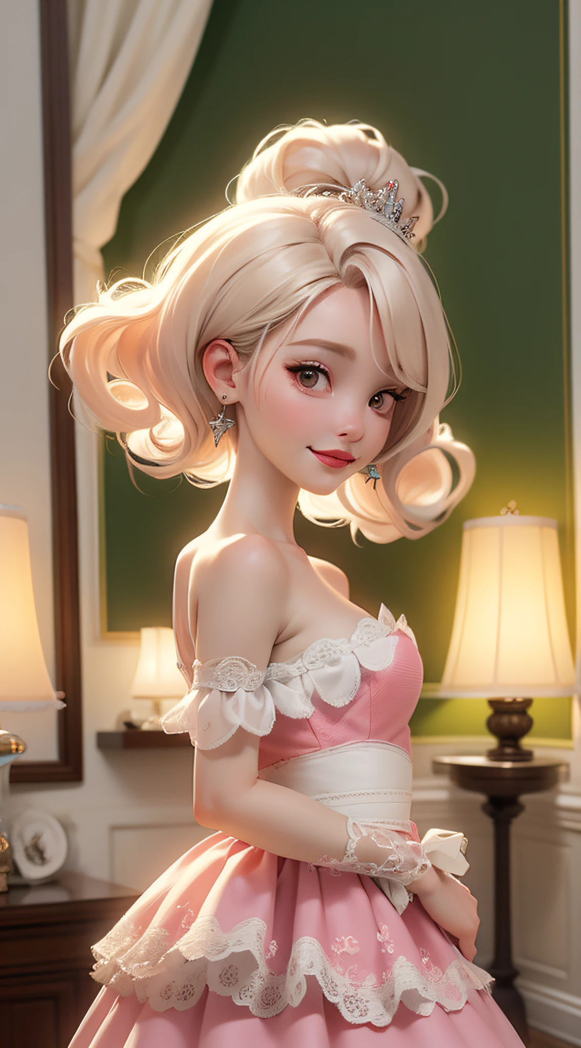 dynamic lighting, A Barbie princess wearing a lovely pink dress, bright, morning light, ((barbie interior design)), (cute:1.3), (pale skin:1.1), (soft smiling:1.1), detailed face, by ilya kuvshinov, nina masic, sharp focus, natural lighting, subsurface scattering, beautiful scene is brought to life, blending, cinematic lighting, retina, anatomically correct, textured skin, award winning