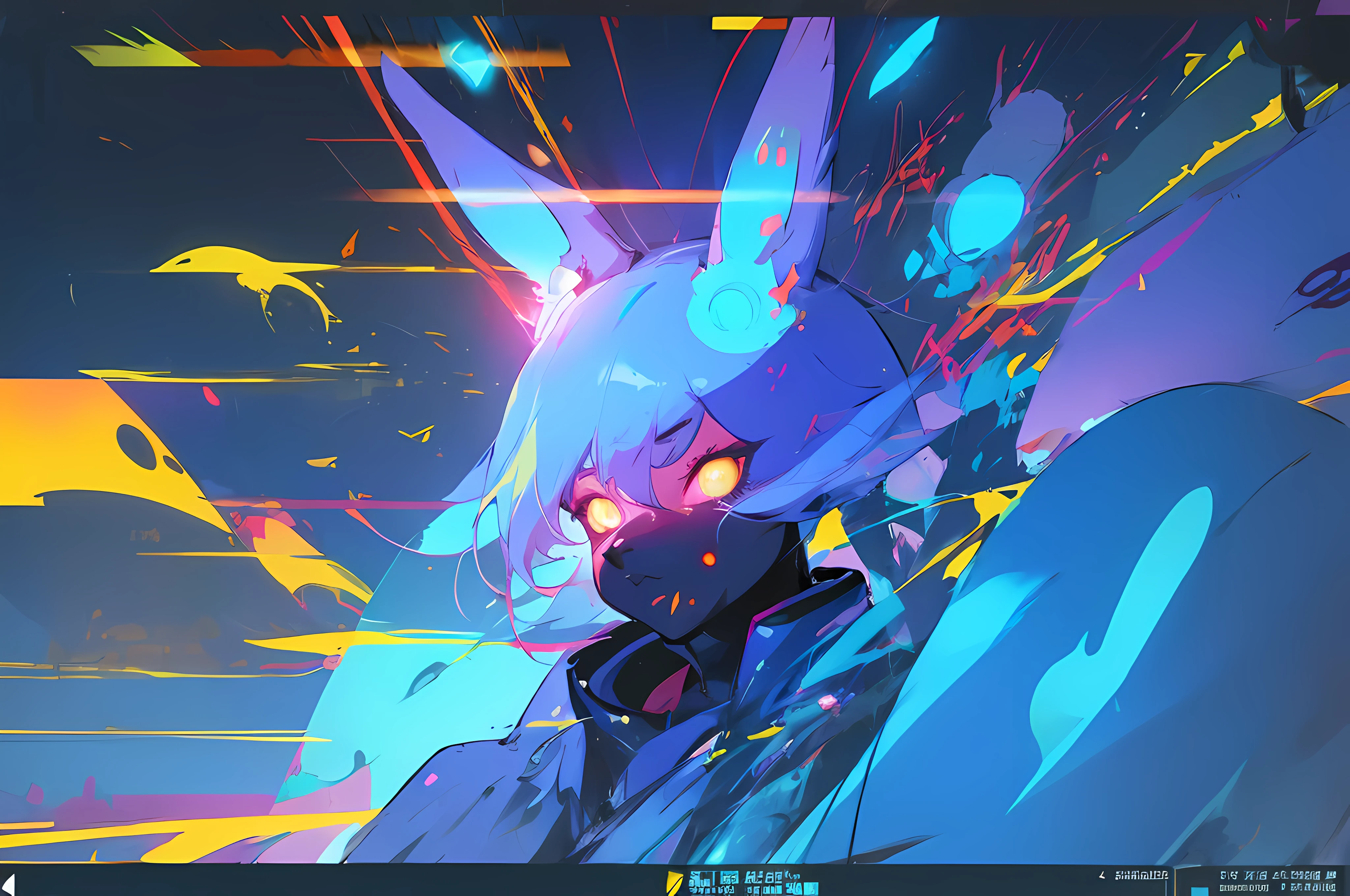 (vintage vhs), (crt screenshot), (Zen, Amy Sol style), (((blue anthro kemono furry rabbit))), underground cavern shining flashlight in old ruins, scene from a show about a blue anthro furry kemono rabbit who investigates deep space crime, (vast decrepit scenery:1.2) blame! style, nightmarish illustration, glowing eyes everywhere, intense eye contact, hybrid human / anthro, electrixbunny, rabbit anthro portrait, ((portrait)), bunnypunk, weirdcore voidpunk fursona, wearing bunny ears, cover art with light abstraction, abstract, simple vector art, contemporary Cybernetic art, color gradients, soft color palettes, layered forms, whimsical animation, style Ethereal abstract, 4K, , anime character with futuristic hair and glowing eyes in a dark room, digital cyberpunk anime art, anime style 4 k, digital cyberpunk - anime art, anime mecha aesthetic, digital cyberpunk anime!!, anime cyberpunk art, fully robotic!! catgirl, hyper concept art, cyberpunk anime girl mech, portrait anime space cadet girl, wearing cybernetic bunny ears --v6