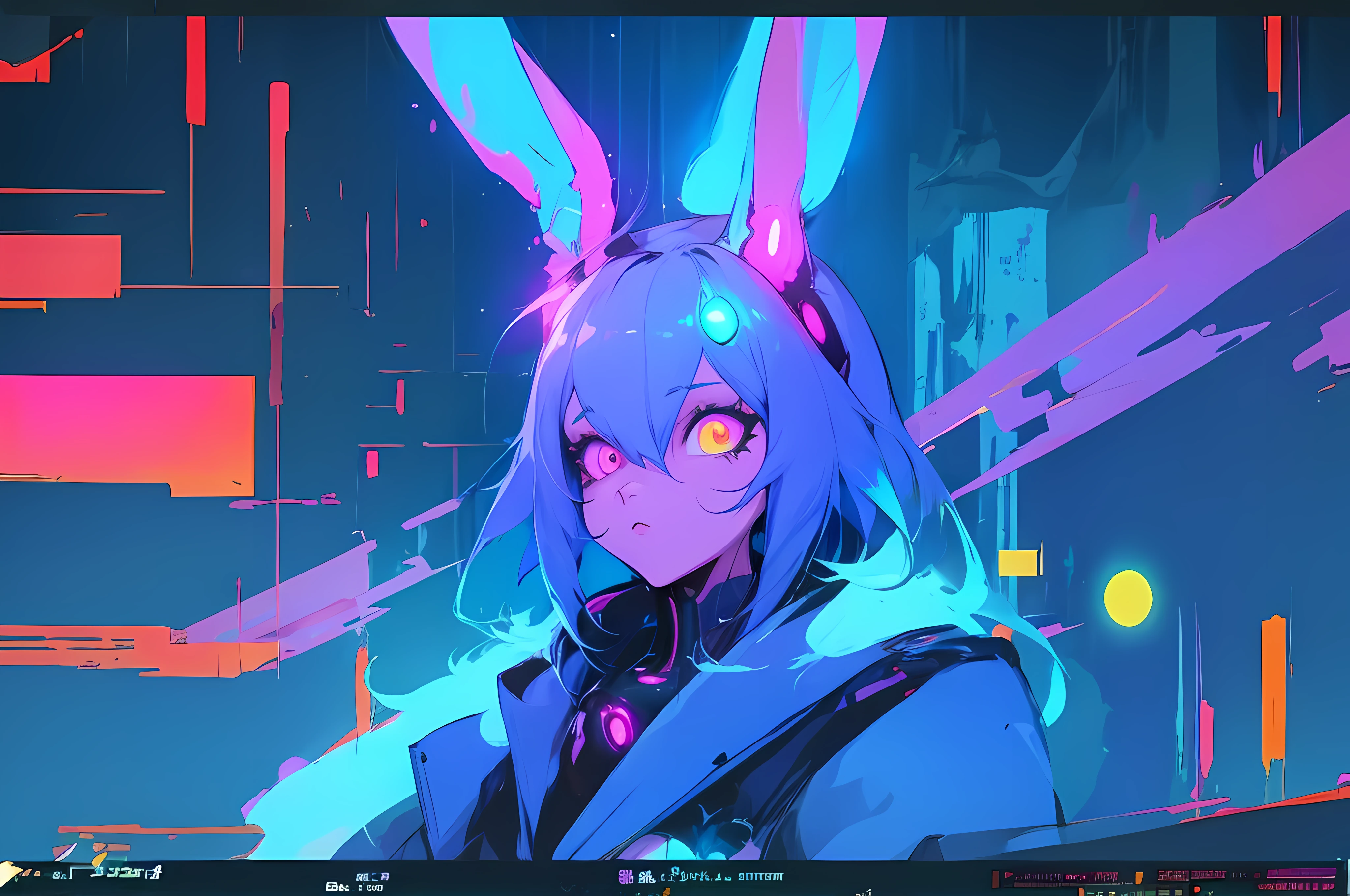 (vintage vhs), (crt screenshot), (Zen, Amy Sol style), (((blue anthro kemono furry rabbit))), underground cavern shining flashlight in old ruins, scene from a show about a blue anthro furry kemono rabbit who investigates deep space crime, (vast decrepit scenery:1.2) blame! style, nightmarish illustration, glowing eyes everywhere, intense eye contact, hybrid human / anthro, electrixbunny, rabbit anthro portrait, ((portrait)), bunnypunk, weirdcore voidpunk fursona, wearing bunny ears, cover art with light abstraction, abstract, simple vector art, contemporary Cybernetic art, color gradients, soft color palettes, layered forms, whimsical animation, style Ethereal abstract, 4K, , anime character with futuristic hair and glowing eyes in a dark room, digital cyberpunk anime art, anime style 4 k, digital cyberpunk - anime art, anime mecha aesthetic, digital cyberpunk anime!!, anime cyberpunk art, fully robotic!! catgirl, hyper concept art, cyberpunk anime girl mech, portrait anime space cadet girl, wearing cybernetic bunny ears --v6