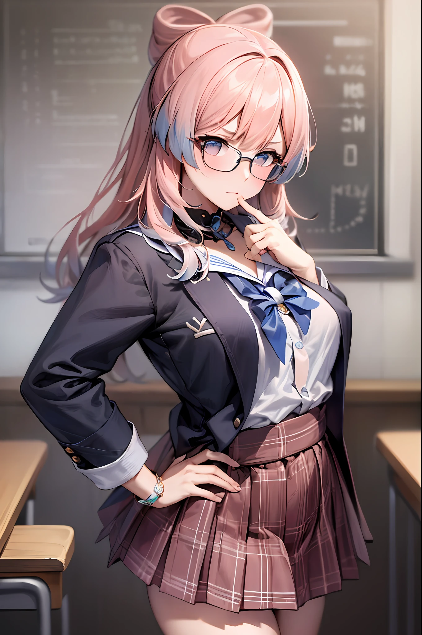 masterpiece, best quality, ultra detailed, hyper realistic, photo),delicate pattern, detailed background, uncensored completely, cowboy shot,  japanese girl, class room,
school uniform, loose collar, skirt, looking over eyewear,
hair between eyes, pink hair
put up index finger and one hand on hip,  angry with puffed cheeks,
from above, leaning forward,