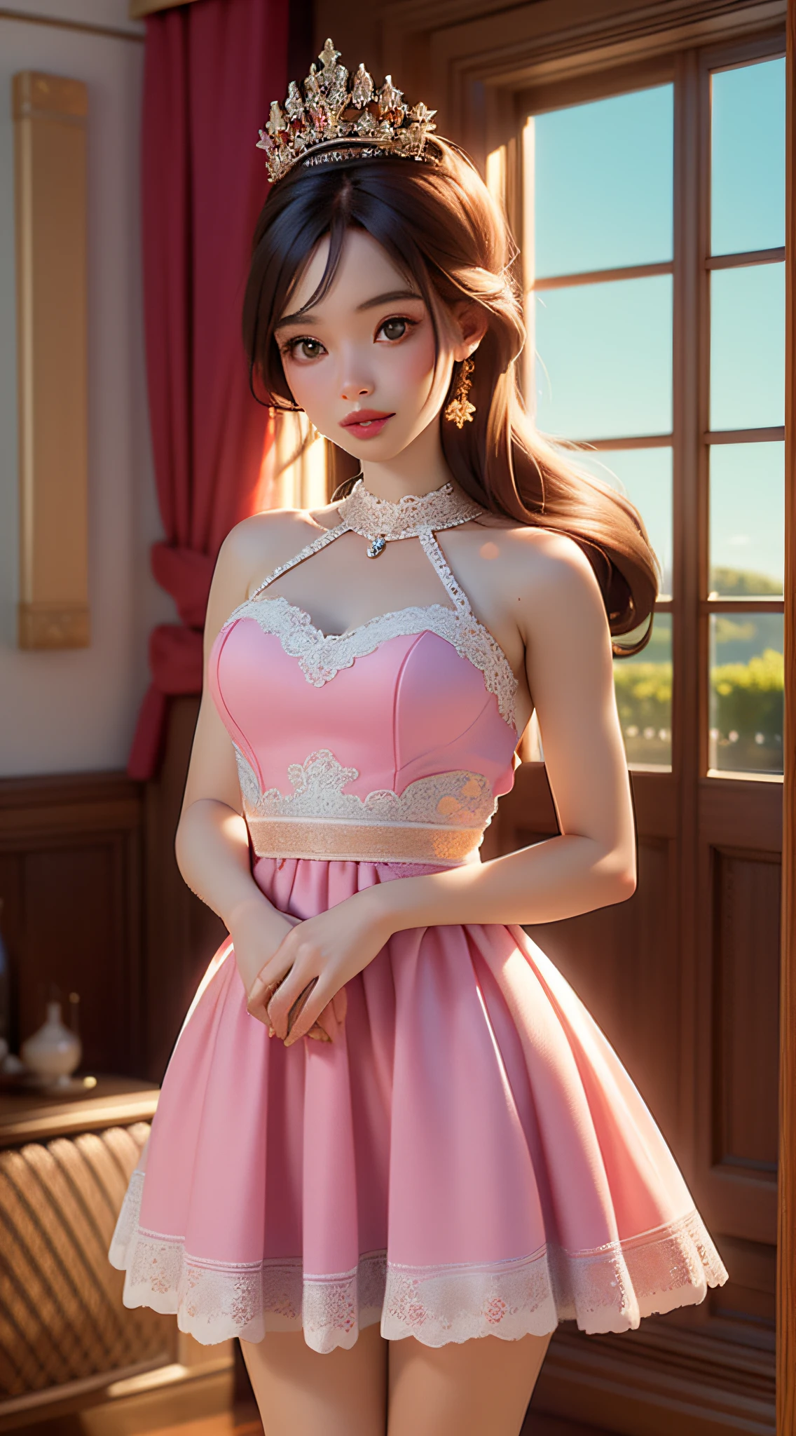dynamic lighting, 3D model art, A Barbie princess wearing a lovely pink dress, bright,Natural Lighting,morning light,((barbie interior design)), borrowing elements from the scenic grandeur of National Geographic landscapes, beautiful scene is brought to life, by the talented Alec Soth, retina, anatomically correct, textured skin, award winning