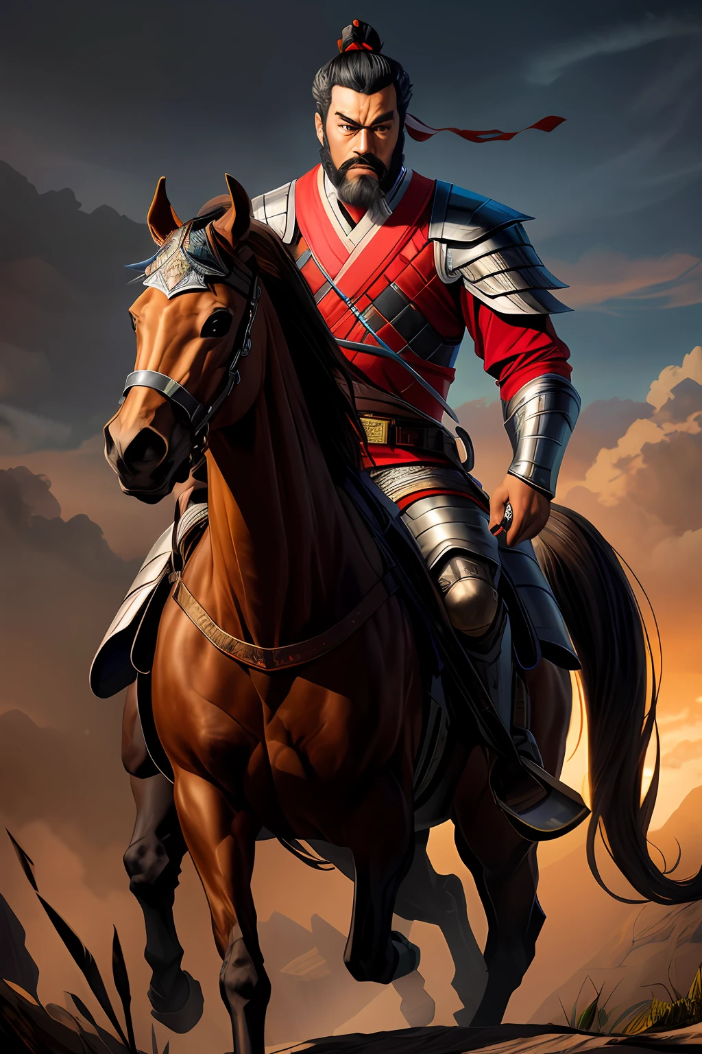 A man in armor rides on a horse,Have a beard,Hand-held knife, Bo Feng, Heroes of the Three Kingdoms,inspired by Zhu Derun, inspired by Wu Bin, feng shu, from three kingdoms, Chinese armor,inspired by Li Gonglin, inspired by Ma Shi,Liaohua