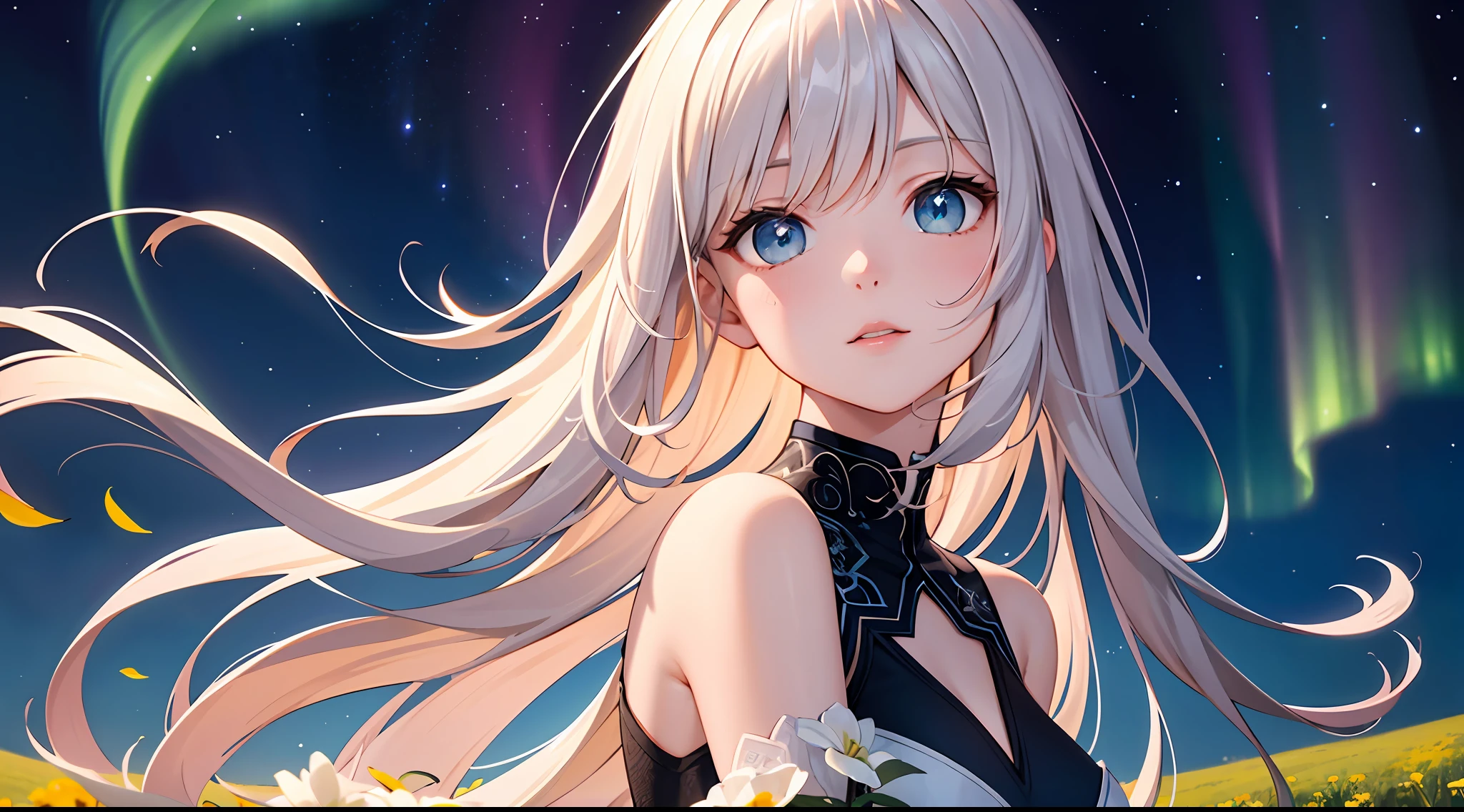 (Masterpiece, top quality, super detailed CG, ultra detailed beautiful face and eyes, super detailed, intricate details:1.2), 8k wallpapers, elaborate features,
(1 person, solo:1.4)perfect cartoon illustration,(1 person, solo:1.4)
(realistic textures:0.8), high res, cute, (vivid colors, dynamic lighting:1.0), (high contrast:0.8),
Perfect animated illustration, one young woman standing in a vast meadow, pretty face, long glossy hair, white skin, wearing only one calf-length dress, blue phosphorescence surrounding her, meadow stretches far and wide before her eyes, the place is fantastic, the sky is dark, but the sky is bright with stars and a big aurora shining brightly, a gentle wind is blowing, the wind is blowing in the air. A vast meadow, the time is dark at night, but the stars and the big moon are shining brightly in the sky, a thin aurora is spreading in the distance, a gentle wind is blowing, wind-blown grass is flying in the air, there is no other person, her whole body is in the illustration.