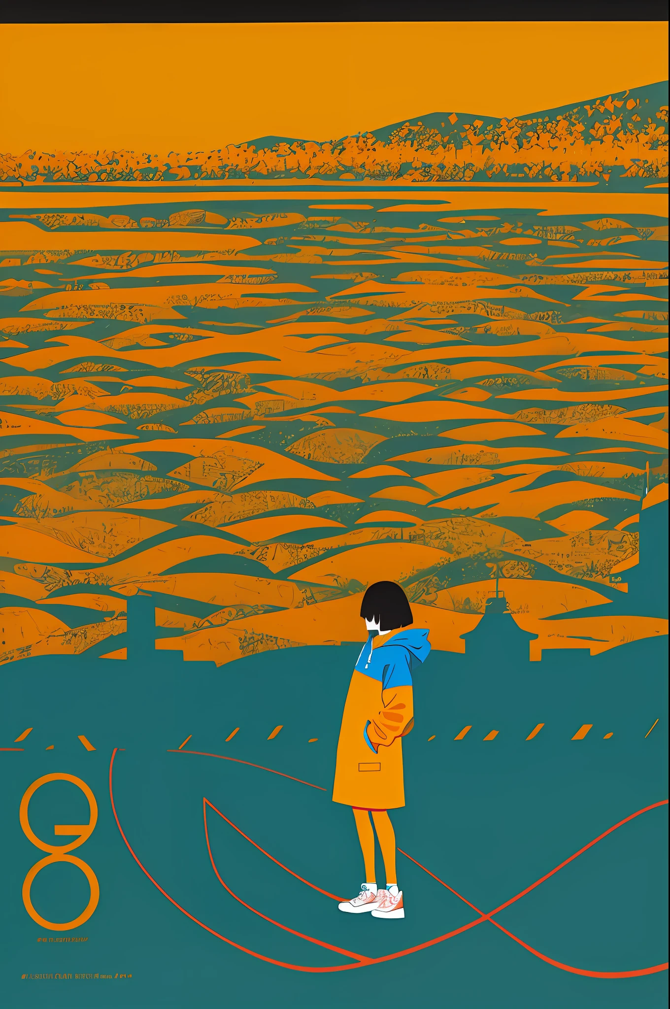 1girl in, Vector art, flat-colors, pop-art, city scenery, Hoodie, sneakers, bob cuts, Full body, lofi color, (Hiperov), (masutepiece,Best Quality:1.5)