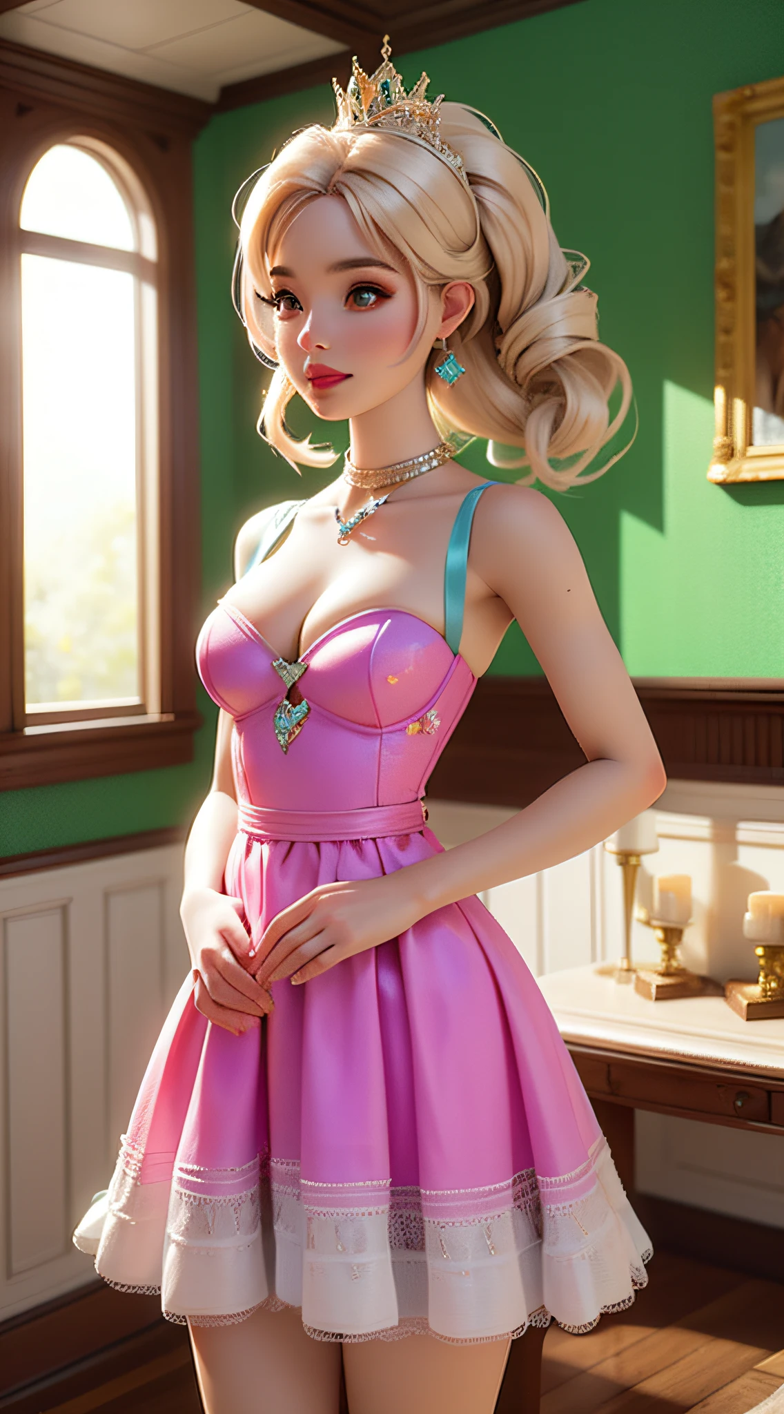 dynamic lighting, 3D model art, A Barbie princess wearing a lovely pink dress, bright,Natural Lighting,morning light，((barbie interior design)), borrowing elements from the scenic grandeur of National Geographic landscapes, beautiful scene is brought to life, by the talented Alec Soth, retina, anatomically correct, textured skin, award winning