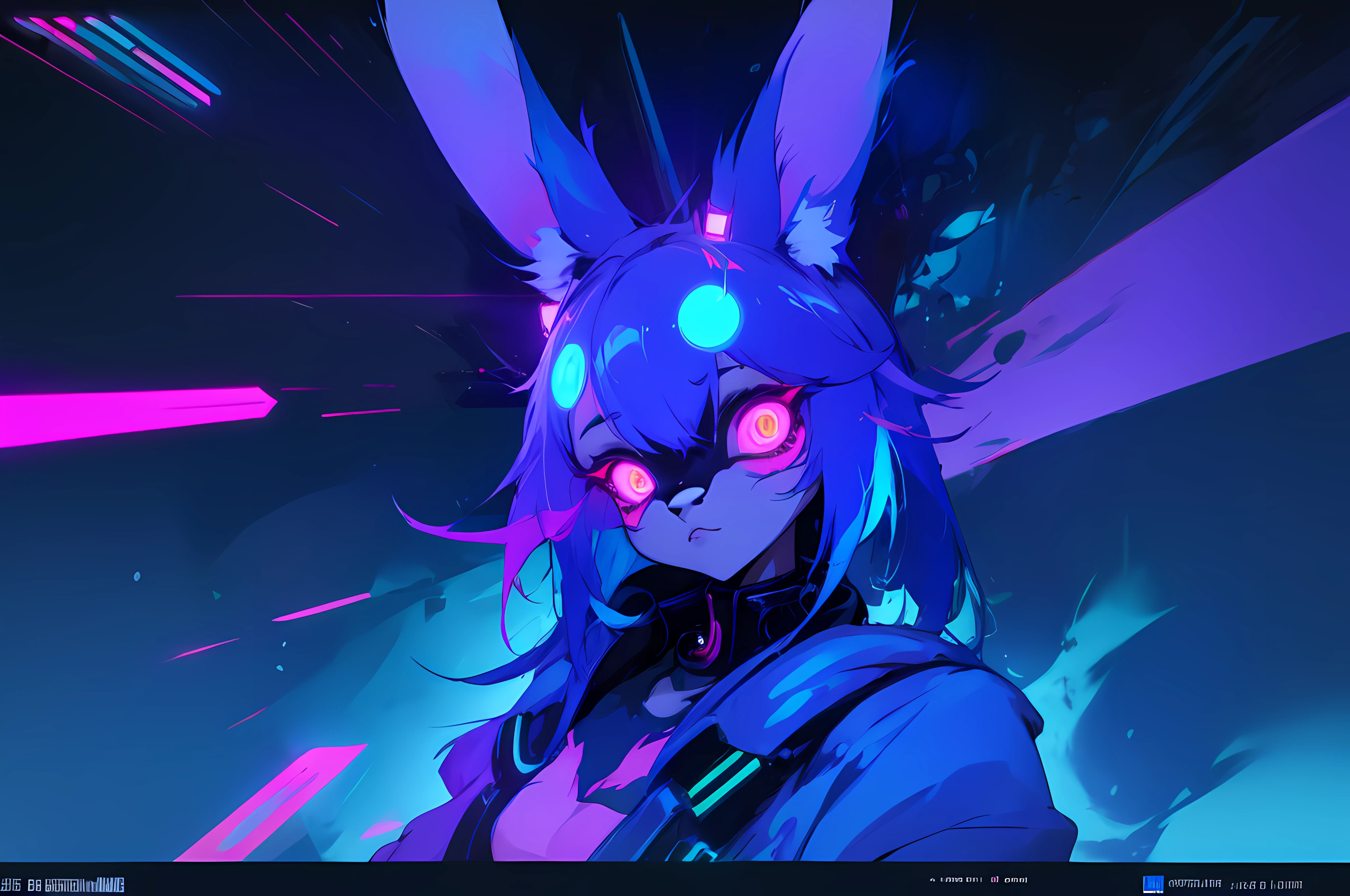 (vintage vhs), (crt screenshot), (Zen, Amy Sol style),  (((blue anthro kemono furry rabbit))), underground cavern shining flashlight in old ruins, scene from a show about a blue anthro furry kemono rabbit who investigates deep space crime, (vast decrepit scenery:1.2) blame! style, nightmarish illustration, glowing eyes everywhere, intense eye contact, hybrid human / anthro, electrixbunny, rabbit anthro portrait, ((portrait)), bunnypunk, weirdcore voidpunk fursona, wearing bunny ears, cover art with light abstraction, abstract, simple vector art, contemporary Cybernetic art, color gradients, soft color palettes, layered forms, whimsical animation, style Ethereal abstract, 4K, , anime character with futuristic hair and glowing eyes in a dark room, digital cyberpunk anime art, anime style 4 k, digital cyberpunk - anime art, anime mecha aesthetic, digital cyberpunk anime!!, anime cyberpunk art, fully robotic!! catgirl, hyper concept art, cyberpunk anime girl mech, portrait anime space cadet girl, wearing cybernetic bunny ears --v6