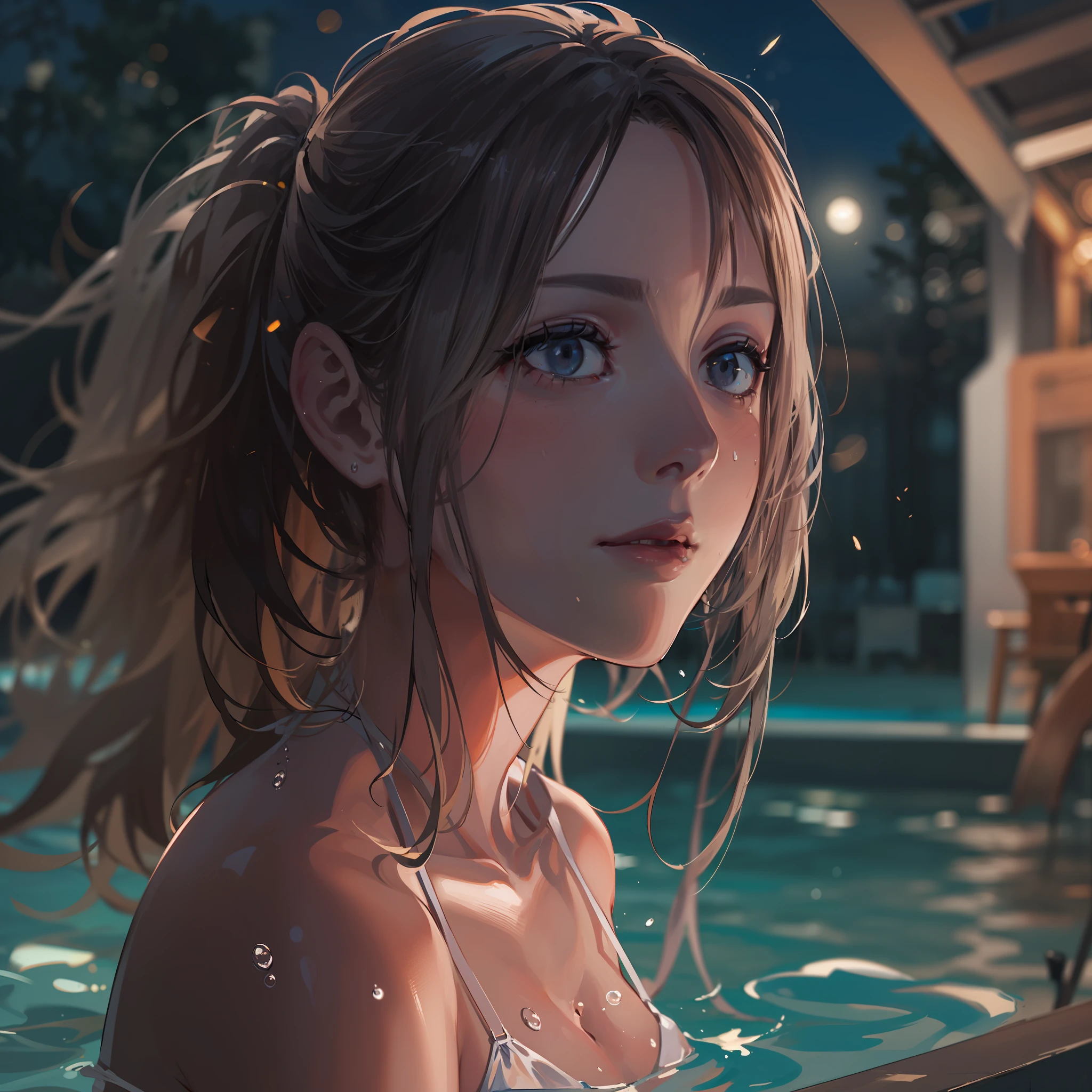 Wearing sweat,Mid summer,The bikini,Night Pool:1.5,jumping into the pool,Blowing in the wind,poneyTail,3 girls, (Raw photo: 1.2), (Realism: 1.4), (masutepiece: 1.3), (exquisite detailing: 1.2), Delicate and beautiful details, (Eye Detail), (Facial Detailed), (Highest Quality) :1.4), (Hyper-Resolution: 1.2), cinematric light, (very detailed illustration), Best Quality,depth of fields, Wide light, natural shadows