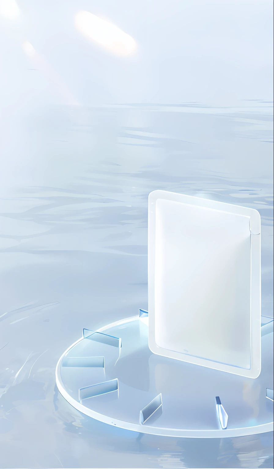 There is a clock floating in the water, water in background, Fluid bags, sleek cool waterproof design, sleek waterproof design, light blue water, ultra clear material, bottom angles, water background, Transparent water, tansparent water, SleekDesign, Transparent skin, Translucent white skin, Smooth translucent white skin, liquid simulation background, water, crisp smooth lines