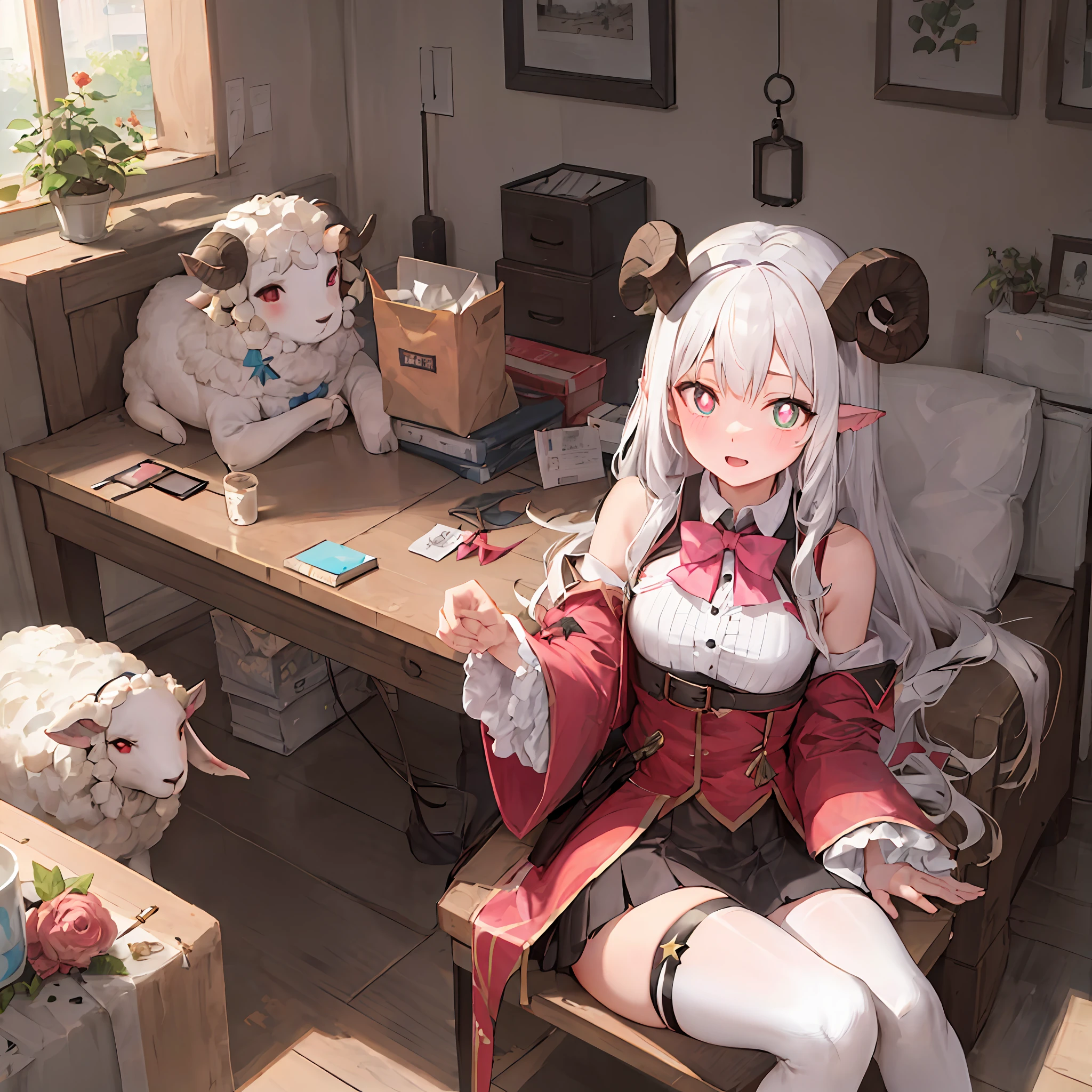White hair,Pink pupils,sheep horns,succubi,Superskirt,Beth
