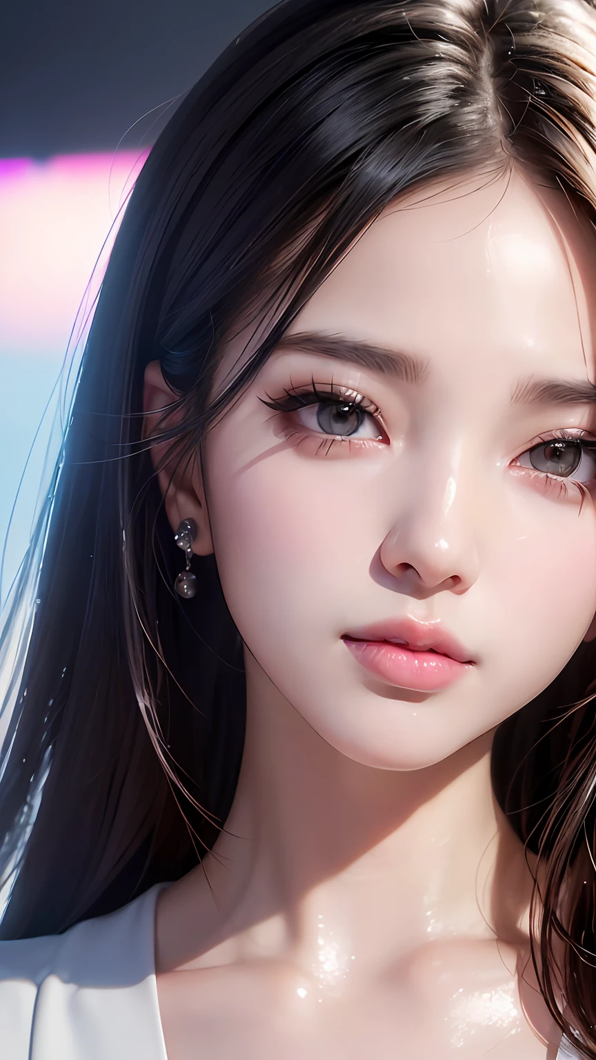 (8k, RAW photo, photorealistic: 1.25), (lip gloss, eyelashes, shiny face, shiny skin, best quality, ultra-high resolution, depth of field, chromatic aberration, caustics, wide range of lighting, Natural shading, Kpop idol) looking at the viewer with a calm and goddess-like happiness,