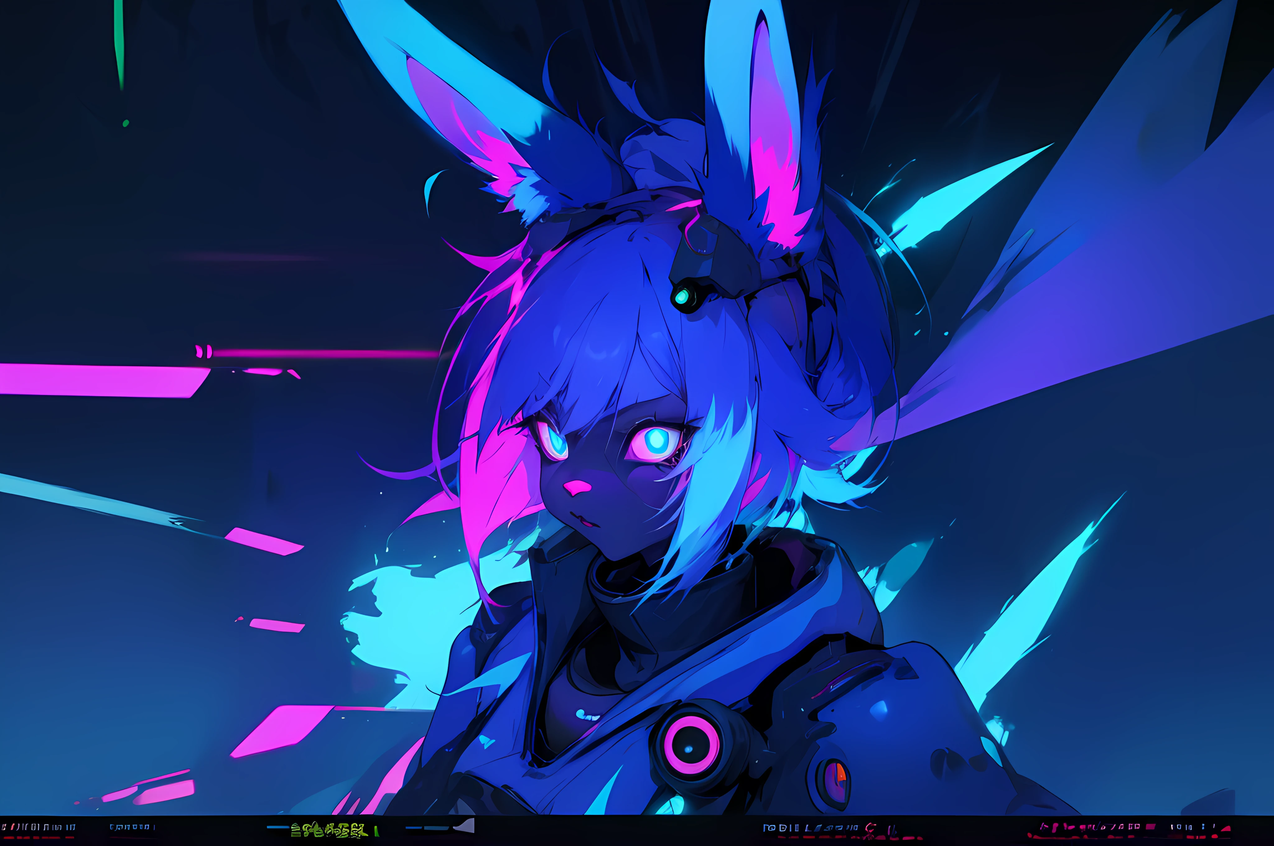 (vintage vhs), (crt screenshot), (Zen, Amy Sol style), (((blue anthro kemono furry rabbit))), underground cavern shining flashlight in old ruins, scene from a show about a blue anthro furry kemono rabbit who investigates deep space crime, (vast decrepit scenery:1.2) blame! style, nightmarish illustration, glowing eyes everywhere, intense eye contact, hybrid human / anthro, electrixbunny, rabbit anthro portrait, ((portrait)), bunnypunk, weirdcore voidpunk fursona, wearing bunny ears, cover art with light abstraction, abstract, simple vector art, contemporary Cybernetic art, color gradients, soft color palettes, layered forms, whimsical animation, style Ethereal abstract, 4K, , anime character with futuristic hair and glowing eyes in a dark room, digital cyberpunk anime art, anime style 4 k, digital cyberpunk - anime art, anime mecha aesthetic, digital cyberpunk anime!!, anime cyberpunk art, fully robotic!! catgirl, hyper concept art, cyberpunk anime girl mech, portrait anime space cadet girl, wearing cybernetic bunny ears --v6