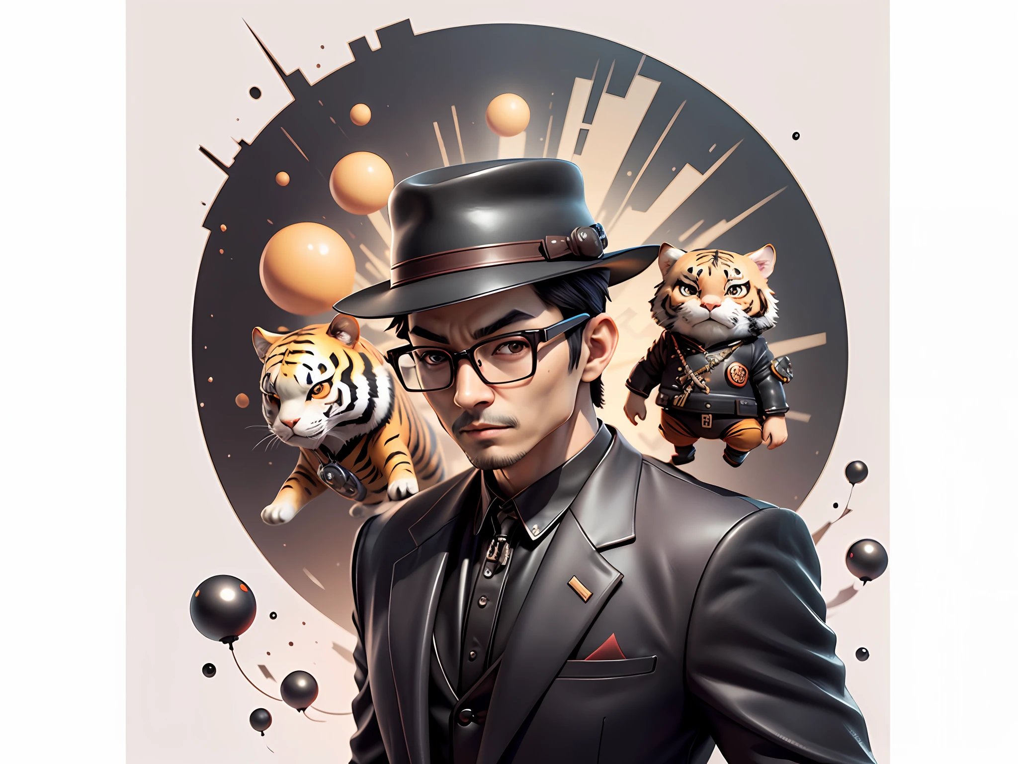 Young man with oriental face in leather hat, tiger, oriental face in formal suit, short black hair, silver glasses, digital painting, 3D character design by Mark Clairedon and Pixar and Hayao Miyazaki and Akira Toriyama, the illustration is a high-definition illustration in 4K resolution with very detailed facial features and cartoon-style visuals.