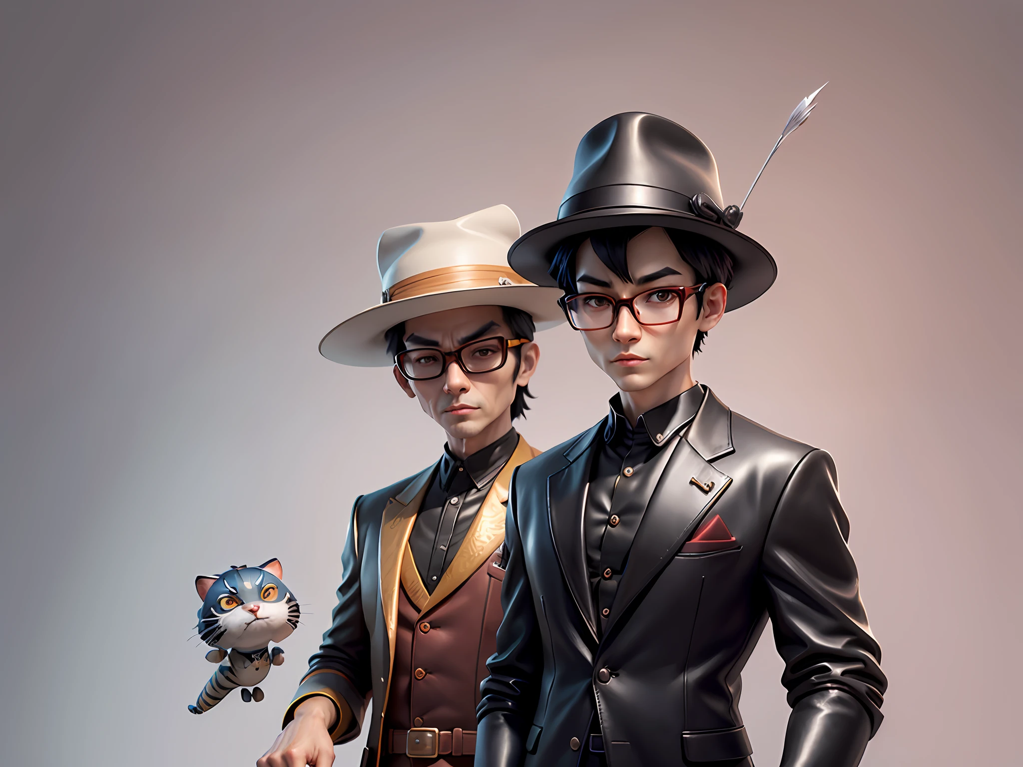 Young man with oriental face in leather hat, tiger, oriental face in formal suit, short black hair, silver glasses, digital painting, 3D character design by Mark Clairedon and Pixar and Hayao Miyazaki and Akira Toriyama, the illustration is a high-definition illustration in 4K resolution with very detailed facial features and cartoon-style visuals.