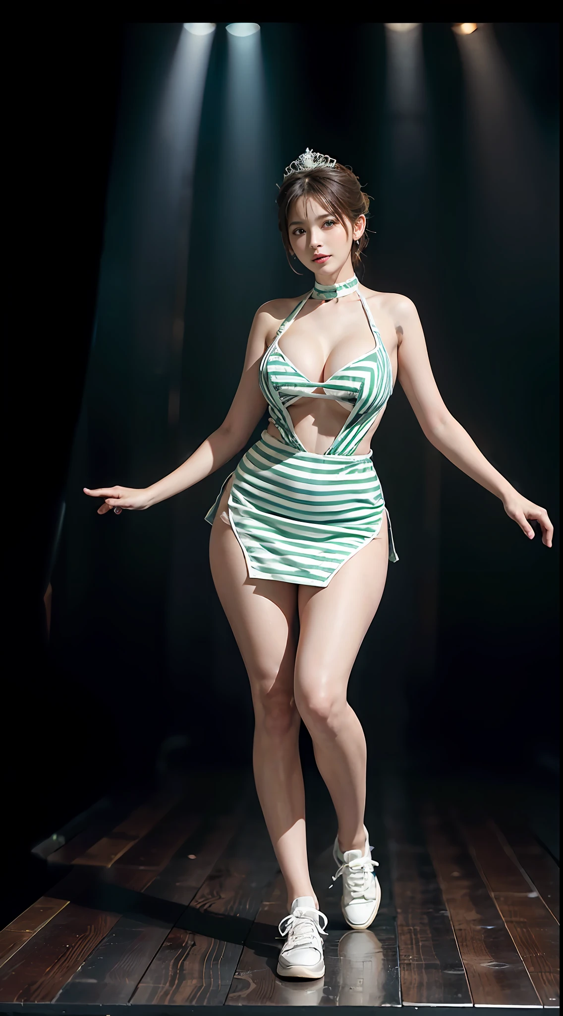 Surrealist women by David Hockney and Alphonse Mucha，Fantasyart，photographrealistic，动态照明，art  stations，poster for，huge tit！torches，torchan，Stage，perform，theater，Volumetriclighting，Tall beauty，body high，Very detailed faces，4 k''，1girll，Stage，low tune，facial closeups,(Green and white striped ballet costume，short transparent dress，Superskirt，Bunny Girl tiara，White sneakers，cleavage:1.4), updo hair，lots of people，Redlip，ssmile，low chest，deep v big breasts，huge tit，Raised sexy，Bigchest，Large breasts，Breast swelling，Raised chest，blackstockings，Breasts are plump，crisp breasts，A plump chest，the breasts are large，Seductive expressions，Wear earrings，The skirt floated，Hair flowing up，Fairy under fan，wearing a choker，Wear a bracelet，The stands up，standing on your feet，long leges，blackstockings，Wet all over，Moisturizes the whole body，huge tit，Red lips，Curvy beauty，Female beauty，stocklings，gigantic cleavage breasts，black lence stockings，slenderlegs，Hot dance，ballet dance，Ballerina，full bodyesbian，beautifullegs，Dance，gracefulness，soft，softness，samba，samba，Noble，Rich，largeeyes，eye shadows，Long legs，beautifullegs，Thin leg，split，splitting legs，Dance，Dancer，split，Aerial capture，Jump up，Suspended in the air，Dancing in the air，The legs are long，Skirt bottom，Curvy beauty，Kicking