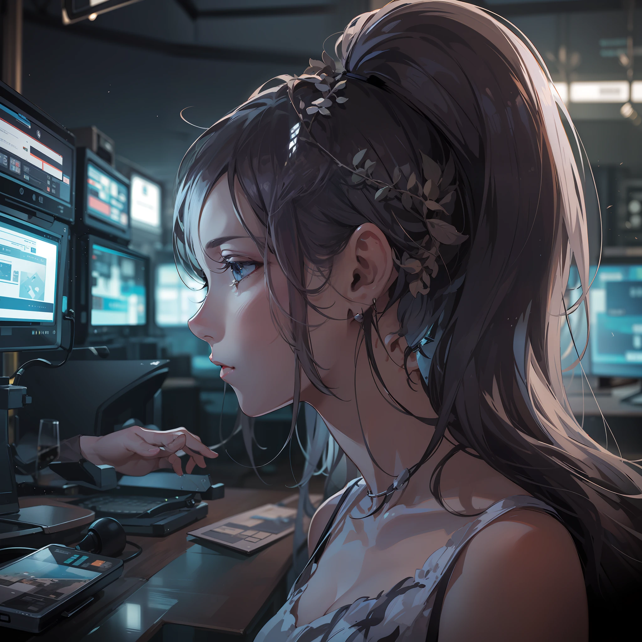 cyberpunked,Cyber City,Hi-Tech,High-tech townscape,Blowing in the wind,Relaxing girl,poneyTail,My room,(8K), (Raw photo: 1.2), (Realism: 1.4), (masutepiece: 1.3), (exquisite detailing: 1.2), Delicate and beautiful details, (Eye Detail), (Facial Detailed), (Highest Quality) :1.4), (Hyper-Resolution: 1.2), cinematric light, (very detailed illustration),Best Quality,depth of fields, Wide light, natural shadows