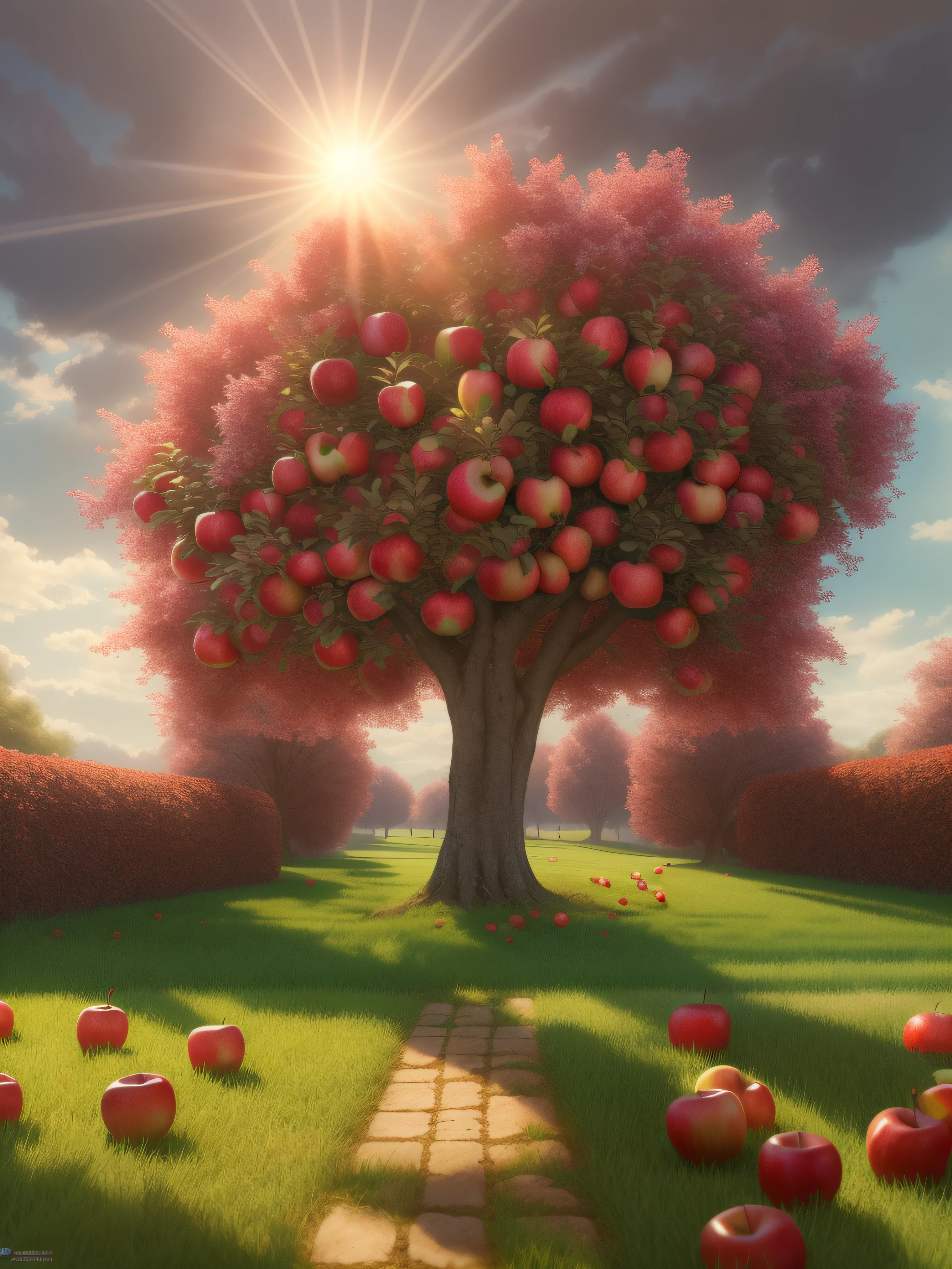 full shot, picturesque lawn and columnar apple tree all covered with ripe red apples under the apple tree many apples on green grass, bright sun rays shine from above left, super high quality, super high detail, super sharp focus,training in artstation, greg rutkowski style,hyperphotorealism