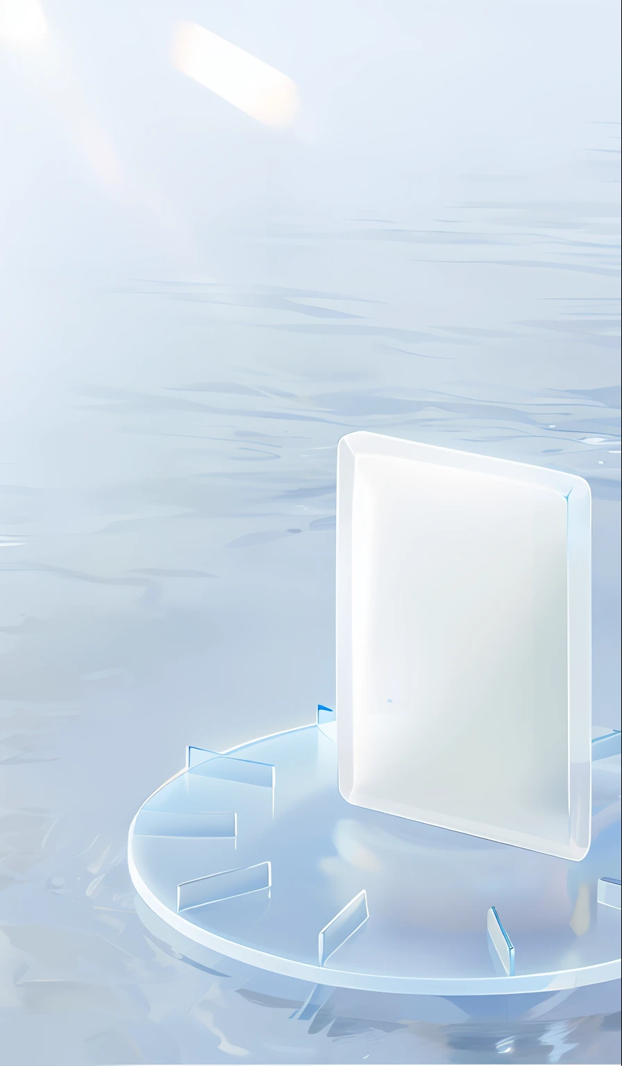 There is a clock floating in the water, water in background, Fluid bags, sleek cool waterproof design, sleek waterproof design, light blue water, ultra clear material, bottom angles, water background, Transparent water, tansparent water, SleekDesign, Transparent skin, Translucent white skin, Smooth translucent white skin, liquid simulation background, water, crisp smooth lines