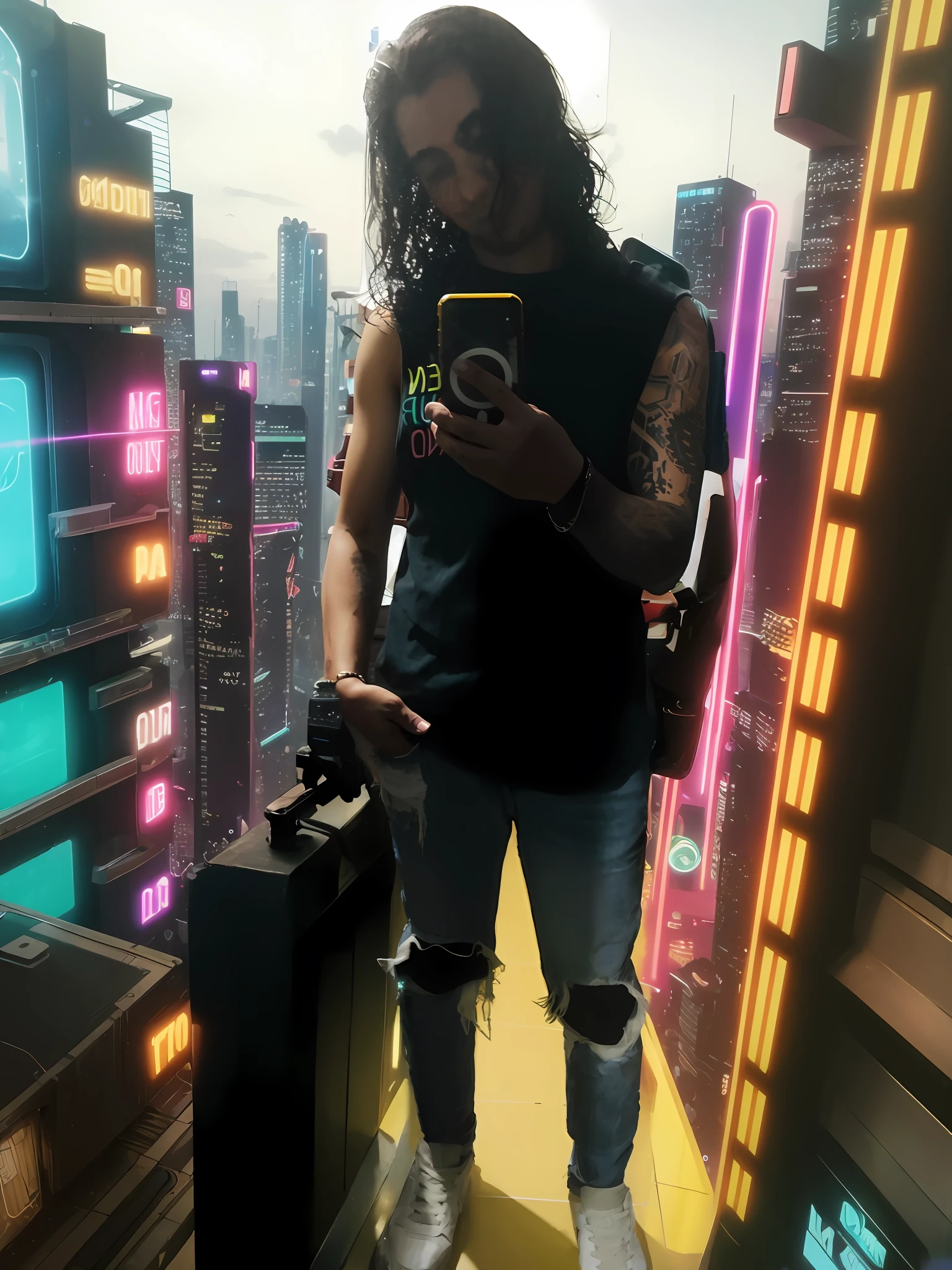 "Fondo de una ciudad futurista, cyberpunk, colores vibrantes, neon lights, noche."