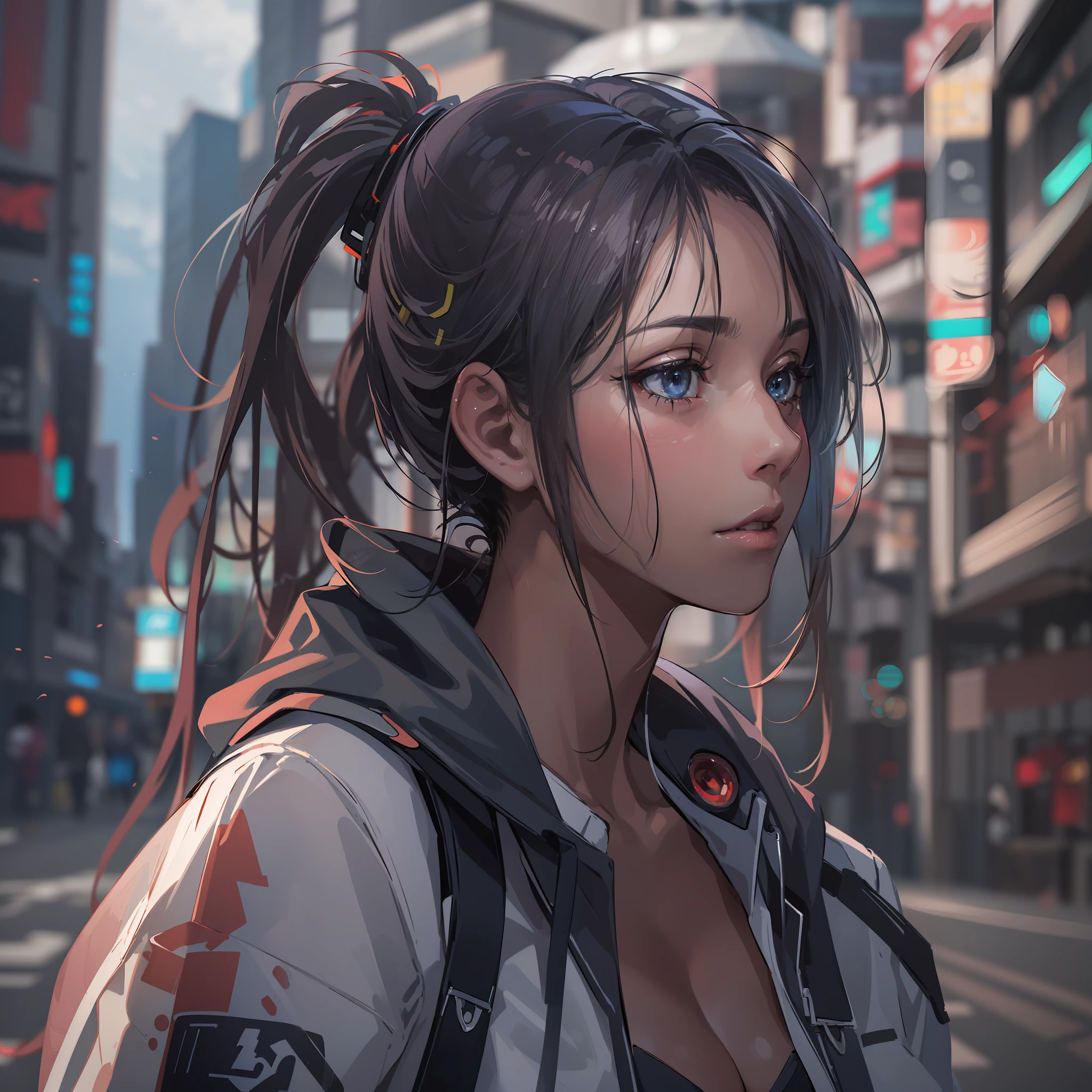 cyberpunked,Cyber City,Hi-Tech,High-tech townscape,Blowing in the wind,Relaxing girl,poneyTail,My room,(8K), (Raw photo: 1.2), (Realism: 1.4), (masutepiece: 1.3), (exquisite detailing: 1.2), Delicate and beautiful details, (Eye Detail), (Facial Detailed), (Highest Quality) :1.4), (Hyper-Resolution: 1.2), cinematric light, (very detailed illustration),Best Quality,depth of fields, Wide light, natural shadows