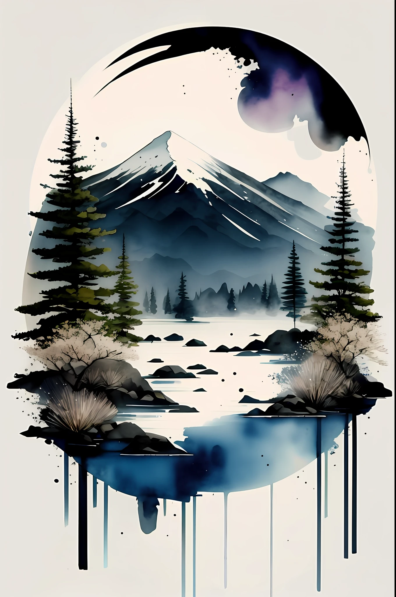 white background, scenery, watercolor, mountains, water, trees, moon, colorful,
