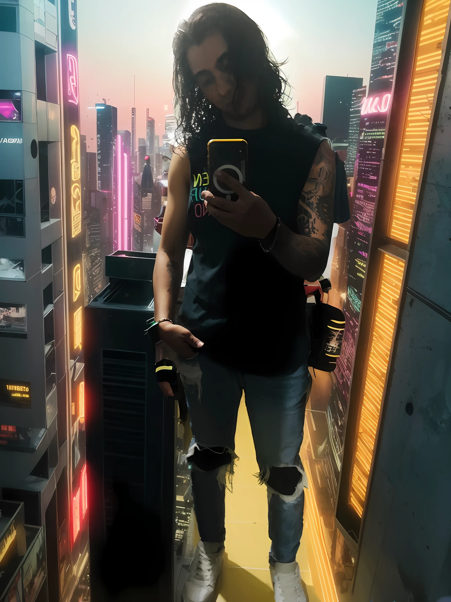 "Fondo de una ciudad futurista, cyberpunk, colores vibrantes, neon lights, noche."