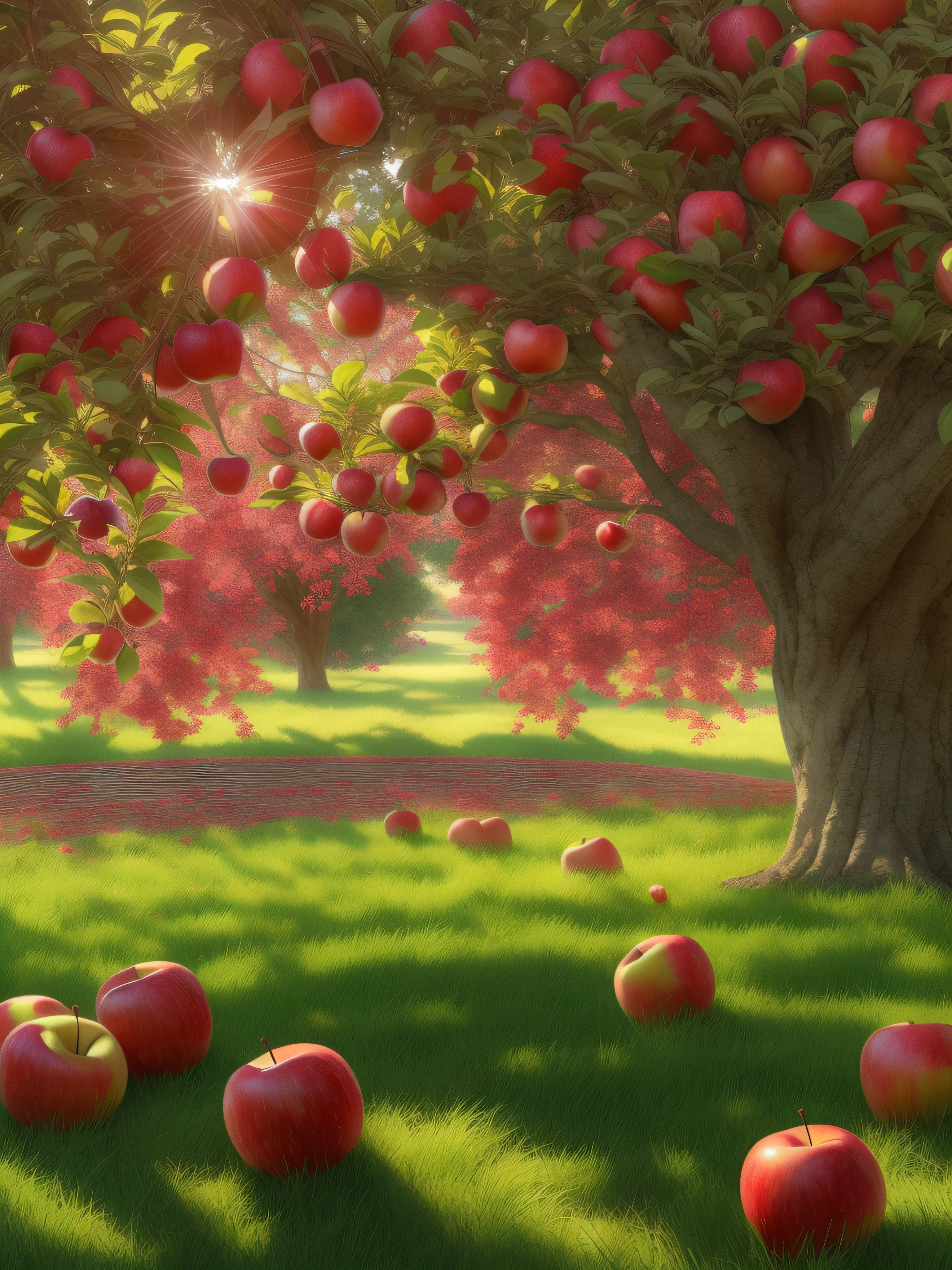 full shot, picturesque lawn and columnar apple tree all covered with ripe red apples under the apple tree many apples on green grass, bright sun rays shine from above left, super high quality, super high detail, super sharp focus,training in artstation, greg rutkowski style,hyperphotorealism