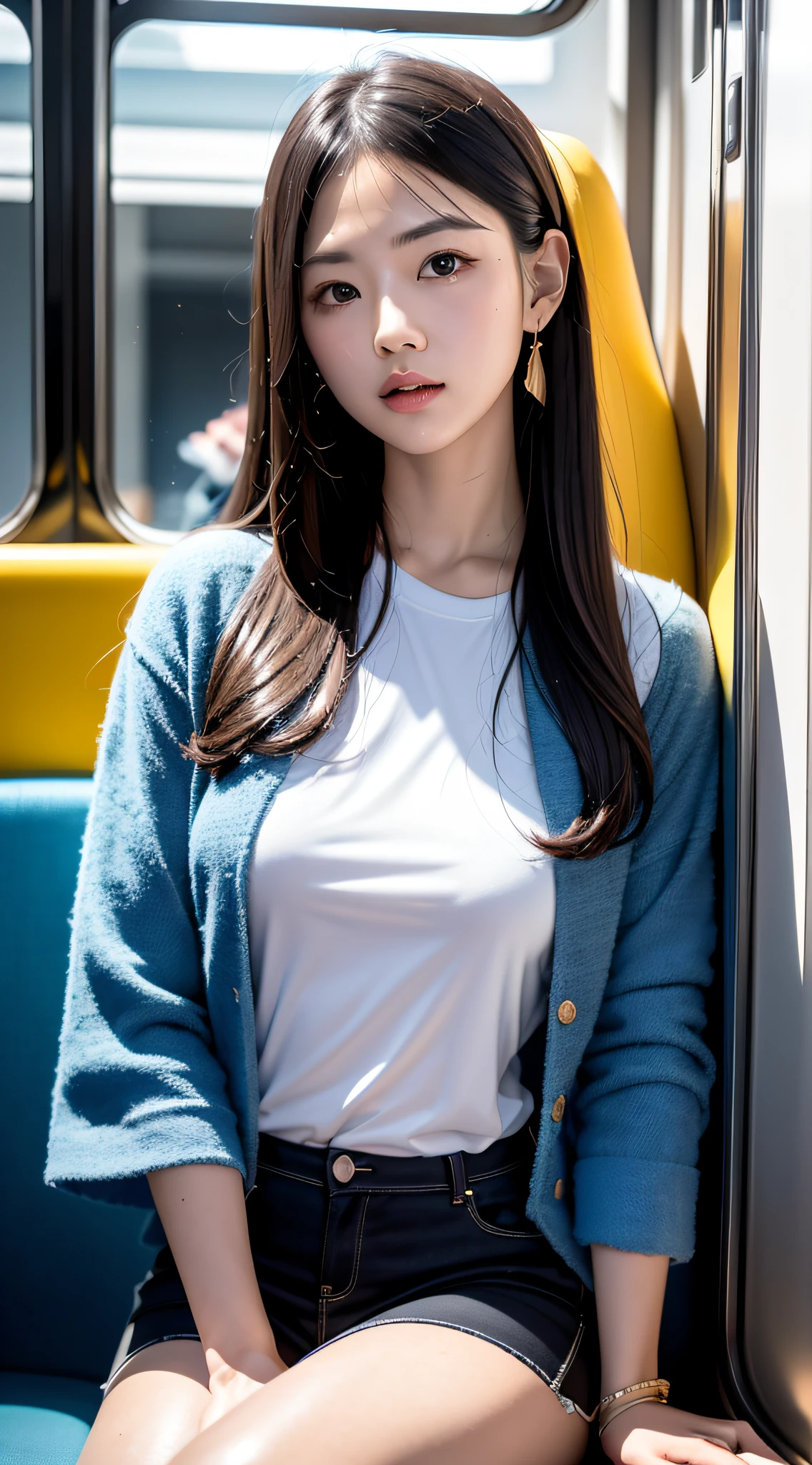 Sit in a seat with a fish pattern on the train，sitting in front，Zoom camera，head portrait，Head down and sleepy-eyed，Look at the ground， best qualtiy， hyper HD， （realisticlying：1.4），， A high resolution， the detail， RAW photogr， Sharp Re， Nikon D850 Film Stock Photo by Jefferies Lee 4 Kodak Portra 400 Camera F1.6 shots, Rich colors, ultra-realistic vivid textures, Dramatic lighting, Unreal Engine Art Station Trend, cinestir 800，