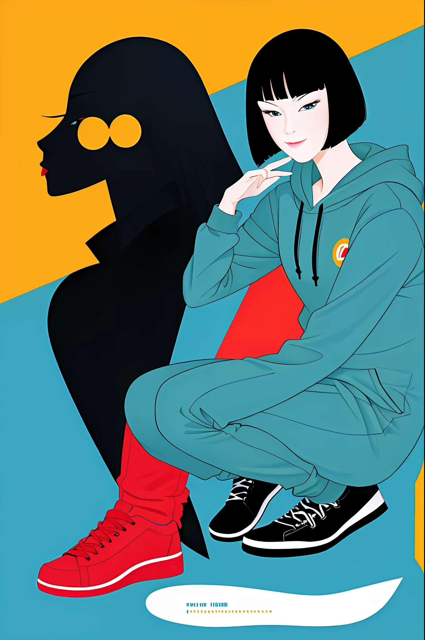 1girl in, Vector art, flat-colors, pop-art, Pattern, city scenery, Hoodie, sneakers, bob cuts, Full body, Squatting, lofi color, (Hiperov), (masutepiece,Best Quality:1.5)