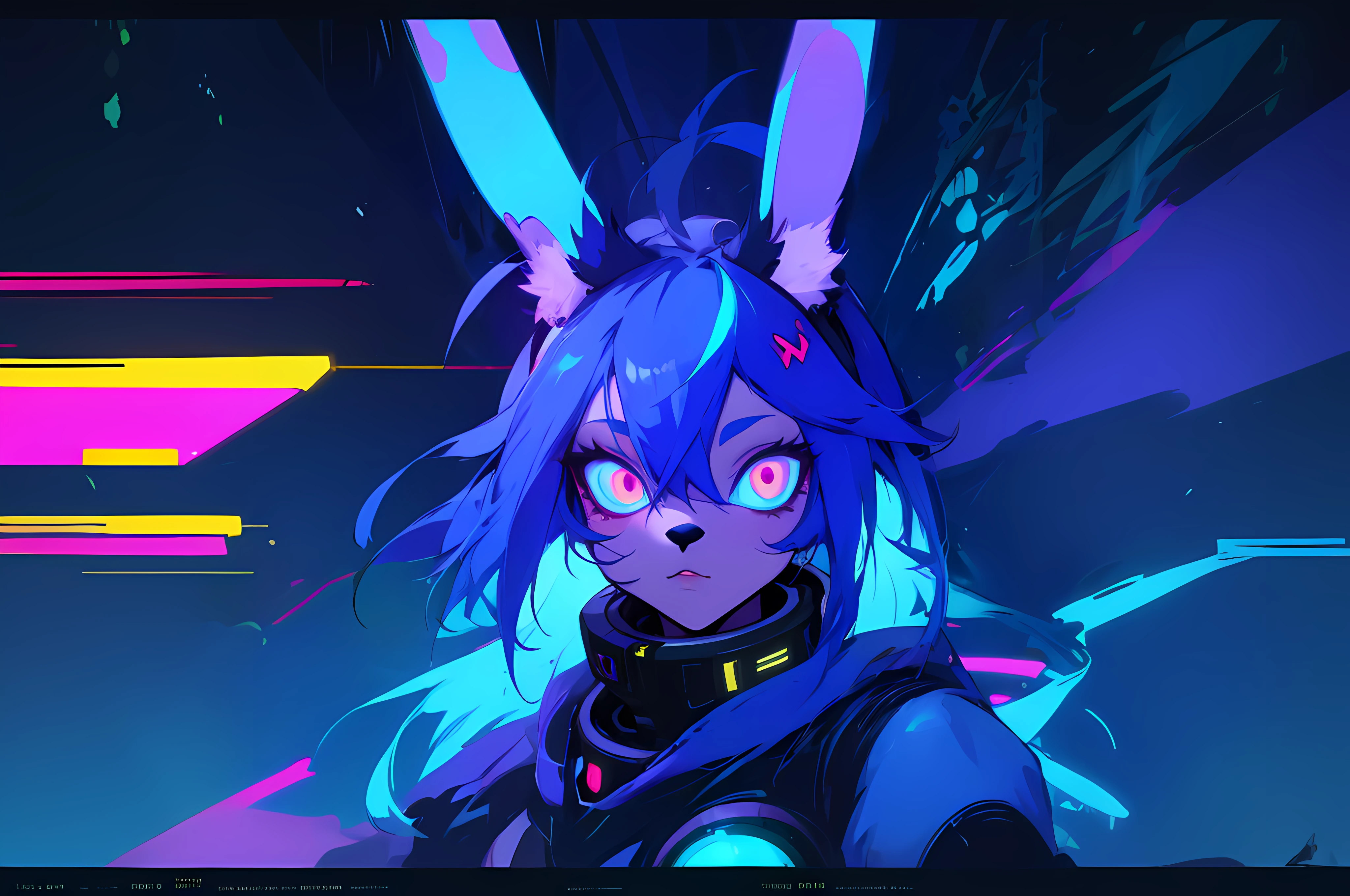 (vintage vhs), (crt screenshot), (Zen, Amy Sol style),  (((blue anthro kemono furry rabbit))), underground cavern shining flashlight in old ruins, scene from a show about a blue anthro furry kemono rabbit who investigates deep space crime, (vast decrepit scenery:1.2) blame! style, nightmarish illustration, glowing eyes everywhere, intense eye contact, hybrid human / anthro, electrixbunny, rabbit anthro portrait, ((portrait)), bunnypunk, weirdcore voidpunk fursona, wearing bunny ears, cover art with light abstraction, abstract, simple vector art, contemporary Cybernetic art, color gradients, soft color palettes, layered forms, whimsical animation, style Ethereal abstract, 4K, , anime character with futuristic hair and glowing eyes in a dark room, digital cyberpunk anime art, anime style 4 k, digital cyberpunk - anime art, anime mecha aesthetic, digital cyberpunk anime!!, anime cyberpunk art, fully robotic!! catgirl, hyper concept art, cyberpunk anime girl mech, portrait anime space cadet girl, wearing cybernetic bunny ears --v6