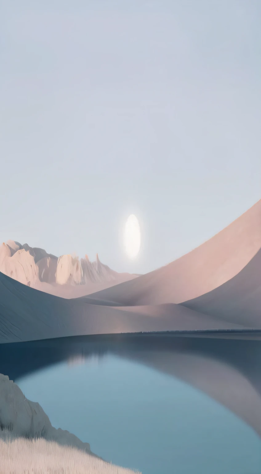 Araved view of a lake in the desert, ethereal landscape, sandy white moon landscape, Barren moon landscape, a surreal dream landscape, exoplanet landscape, landscape of an alien world, in a serene landscape, in a surreal dream landscape, In the desert oasis lake, artem demura beeple, peaceful scenery, an alien landscape view