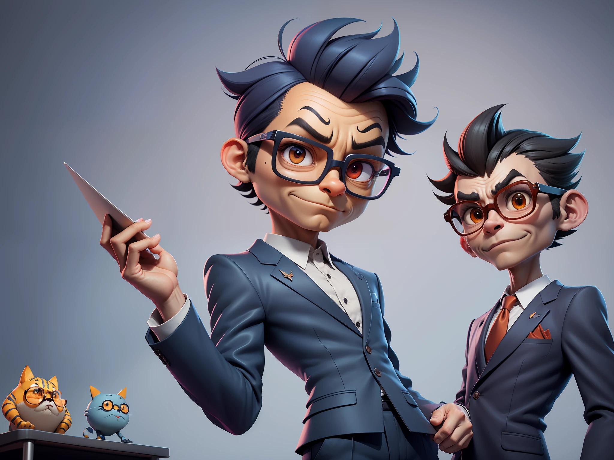 A young man in a suit and pants, Short hair and glasses sat at his desk，holding laptop，digitial painting，tigre，3D character design by Mark Clairen and Pixar and Hayao Miyazaki and Akira Toriyama，4K HD illustration，Very detailed facial features and cartoon-style visuals。