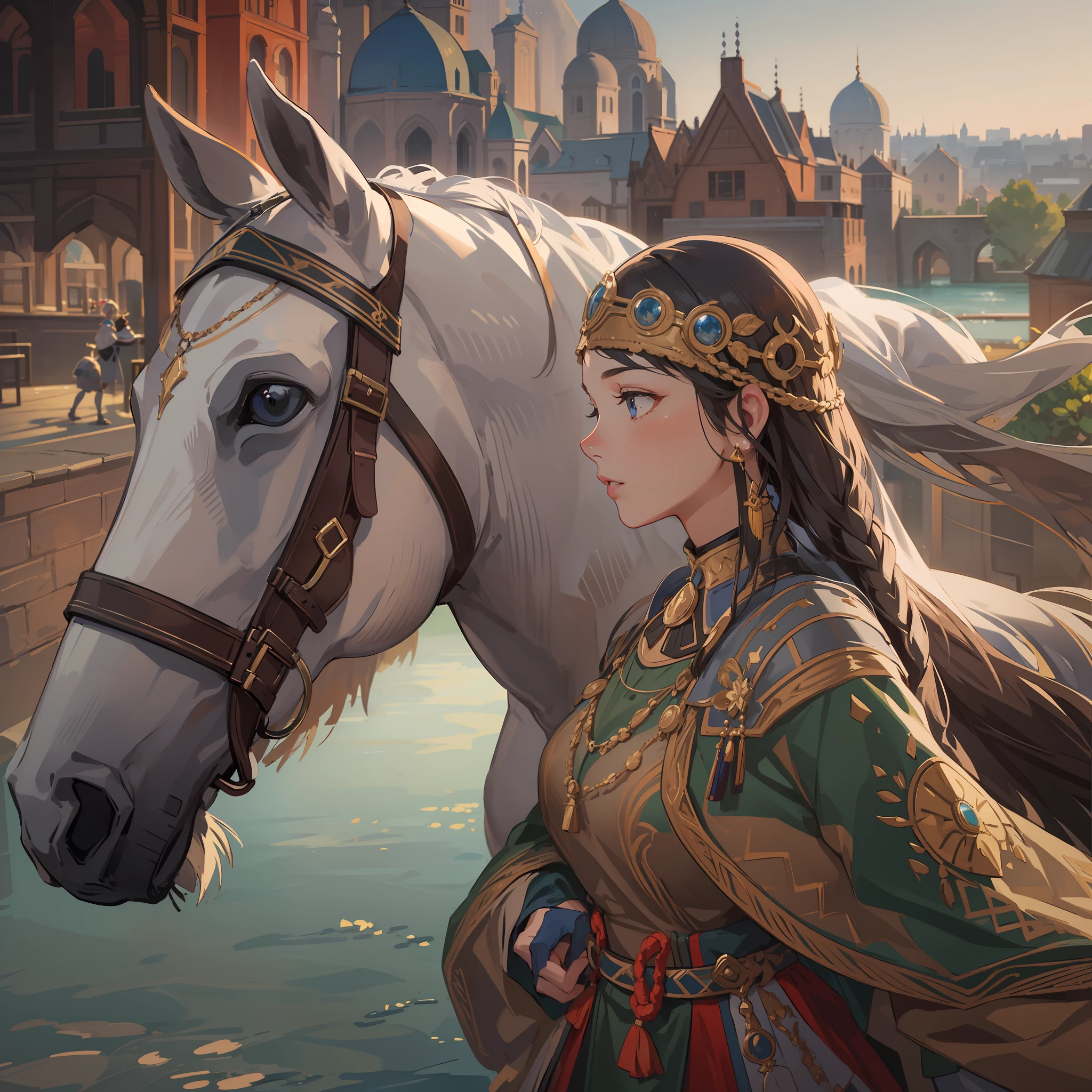 Medieval Central Asian national costume,Cityscape of Medieval Central Asia,One horse and one girl,Dynamic horses,Undulating lakes,(4K), (Raw photo: 1.2), (Realism: 1.4), (masutepiece: 1.3), (exquisite detailing: 1.2), Delicate and beautiful details, (Eye Detail), (Facial Detailed), (Highest Quality) :1.4), (Hyper-Resolution: 1.2),(very detailed illustration), Best Quality, depth of fields, Wide light, natural shadows