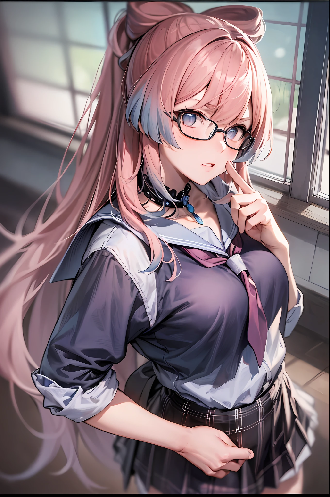 masterpiece, best quality, ultra detailed, hyper realistic, photo),delicate pattern, detailed background, uncensored completely, cowboy shot,  japanese girl, class room,
school uniform, loose collar, skirt, looking over eyewear,
hair between eyes, pink hair
put up index finger and one hand on hip,  angry with puffed cheeks,
from above, leaning forward,