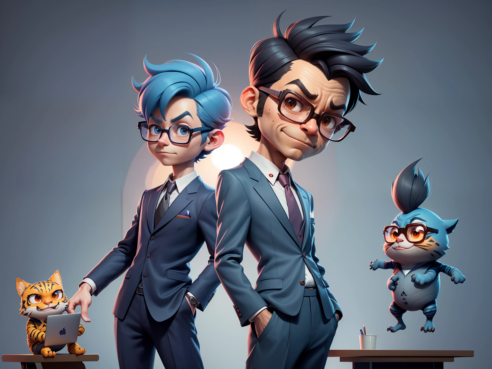 A young man in a suit and pants, Short hair and glasses sat at his desk，holding laptop，digitial painting，tigre，3D character design by Mark Clairen and Pixar and Hayao Miyazaki and Akira Toriyama，4K HD illustration，Very detailed facial features and cartoon-style visuals。