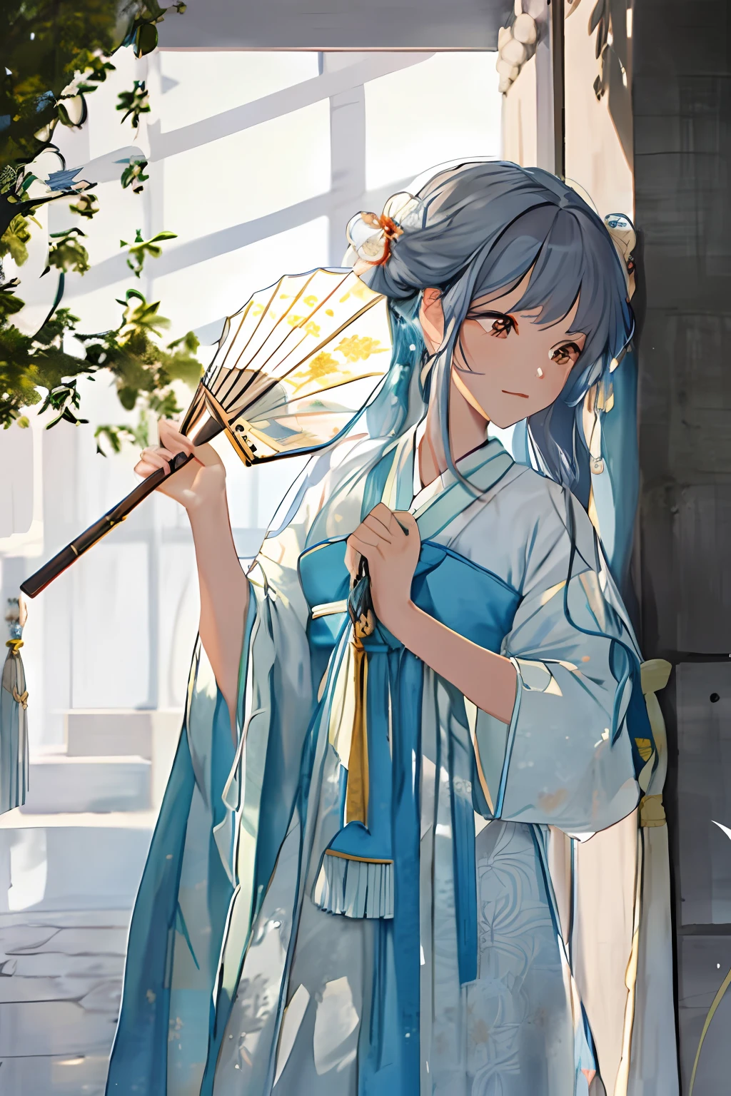 Hanfu girl holding a fan to block out the sun,There are shadows of windows on the walls, Palace, A girl in Hanfu, author:Shitao, By Yuumei, flowing hair and long robes, inspired by Ma Yuanyu, with acient chinese clothes, inspired by Lü Ji, Chinese traditional, flashy colors,Dappled light and shadow,(sad expressions)
