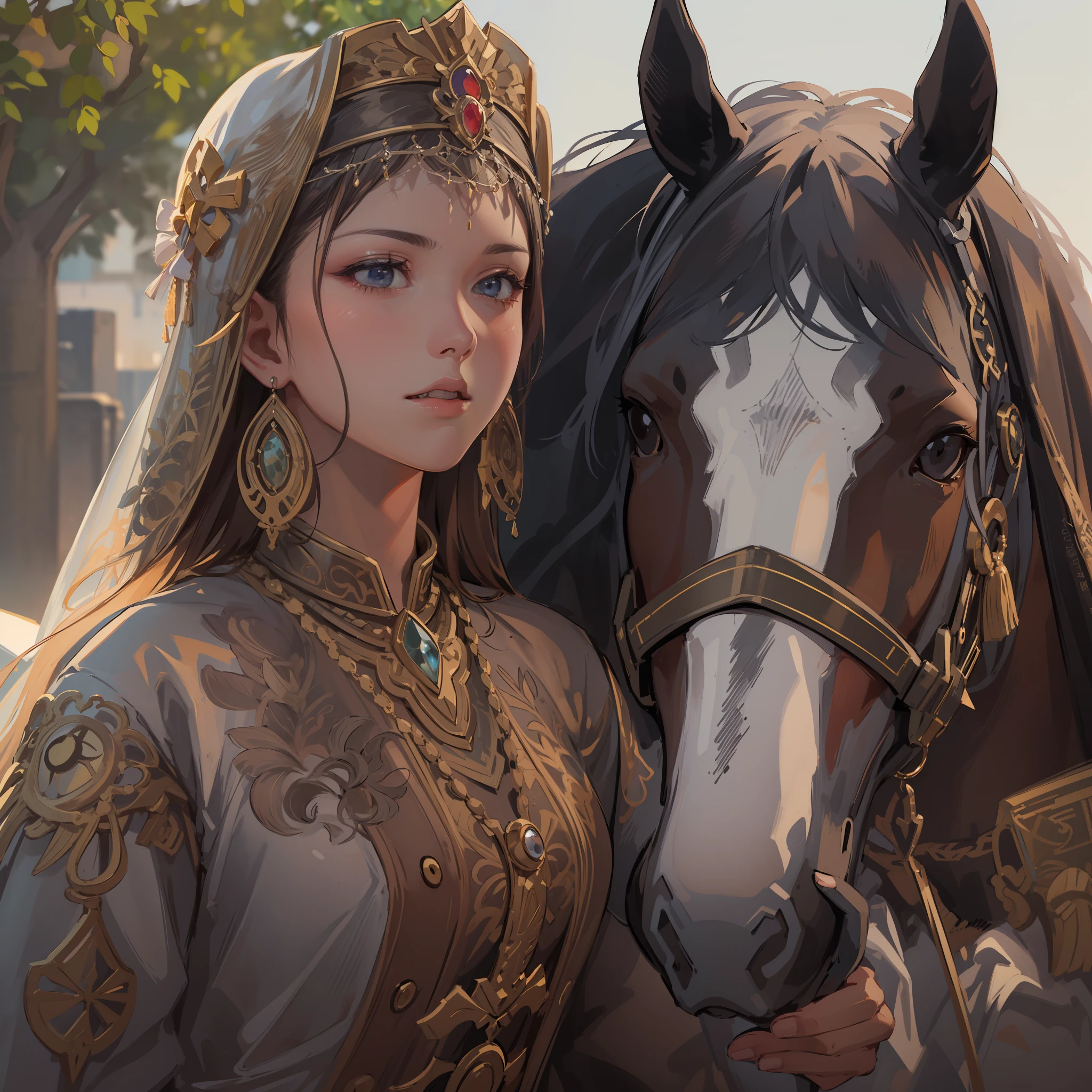 Medieval Central Asian national costume,Cityscape of Medieval Central Asia,One horse and one girl,Dynamic horses,Undulating lakes,(4K), (Raw photo: 1.2), (Realism: 1.4), (masutepiece: 1.3), (exquisite detailing: 1.2), Delicate and beautiful details, (Eye Detail), (Facial Detailed), (Highest Quality) :1.4), (Hyper-Resolution: 1.2),(very detailed illustration), Best Quality, depth of fields, Wide light, natural shadows