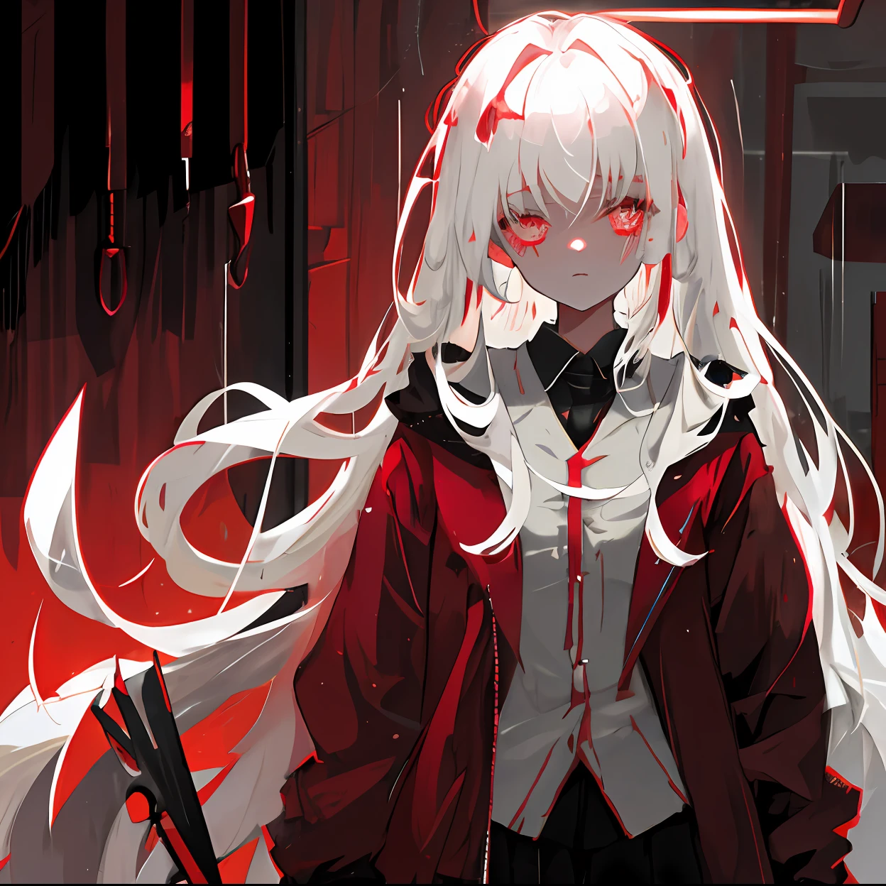 raining day,Dimly lit room,White-haired girl,red pupils,Love in the eyes,Morbid expression,facing to audience,Drooling,Hold the knife in both hands