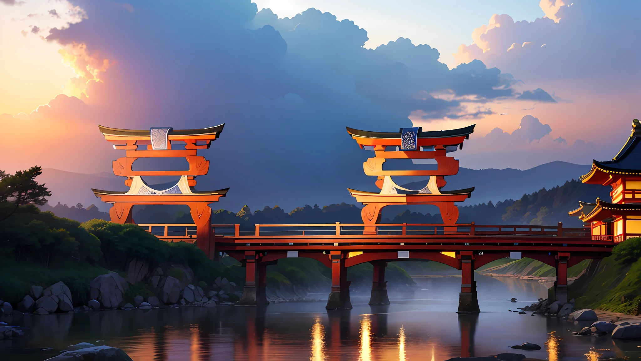 (masterpiece, top quality, best quality, official art, beautiful and aesthetic:1.2), extreme detailed,(fractal art:1.3),colorful,highest detailed in ultra detailed complex onsen, puddle, water, torii gate, japanese buildings,(best-quality:0.8), (best-quality:0.8), perfect anime illustration, BREAK steam