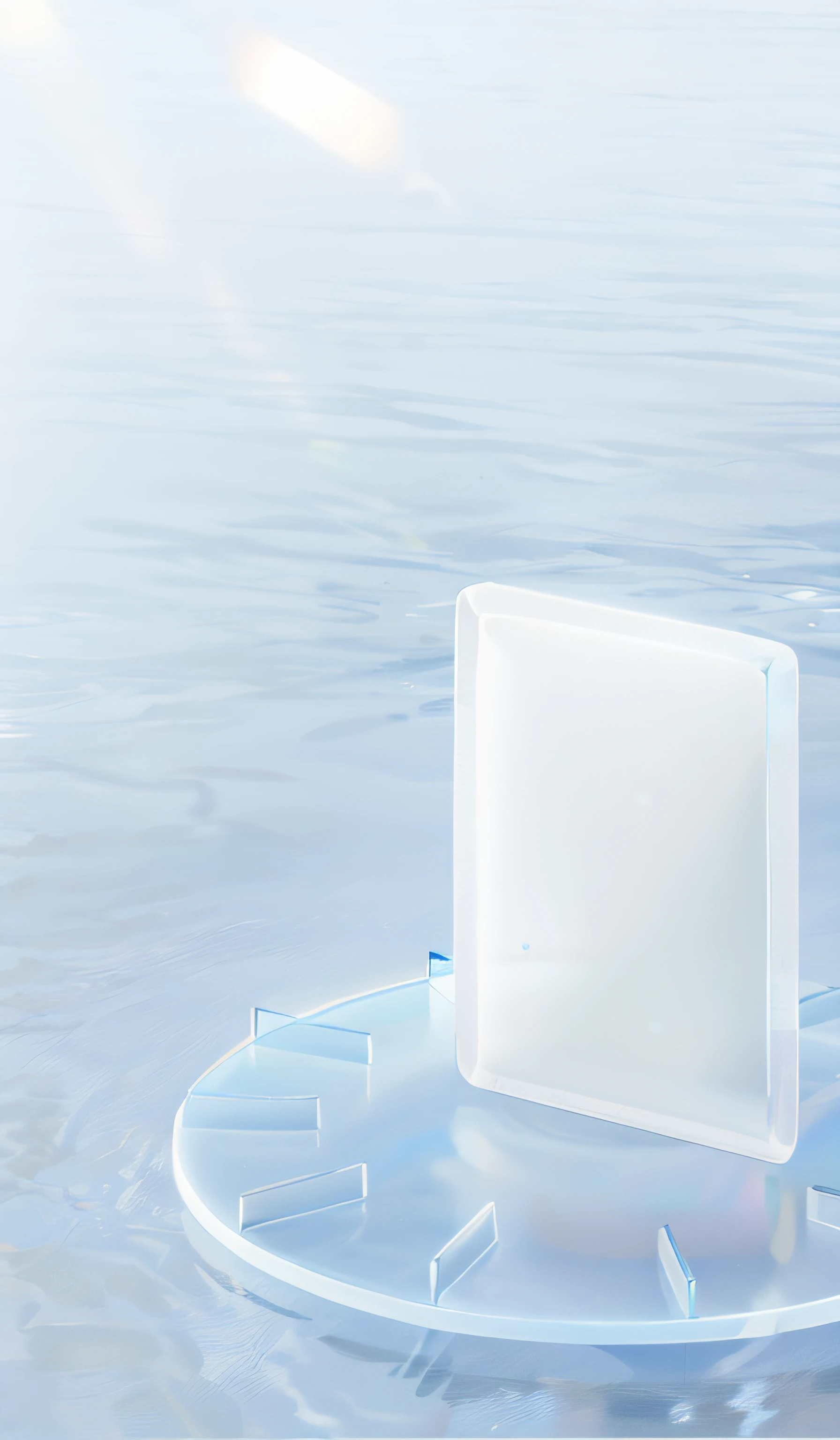 There is a clock floating in the water, water in background, Fluid bags, sleek cool waterproof design, sleek waterproof design, light blue water, ultra clear material, bottom angles, water background, Transparent water, tansparent water, SleekDesign, Transparent skin, Translucent white skin, Smooth translucent white skin, liquid simulation background, water, crisp smooth lines