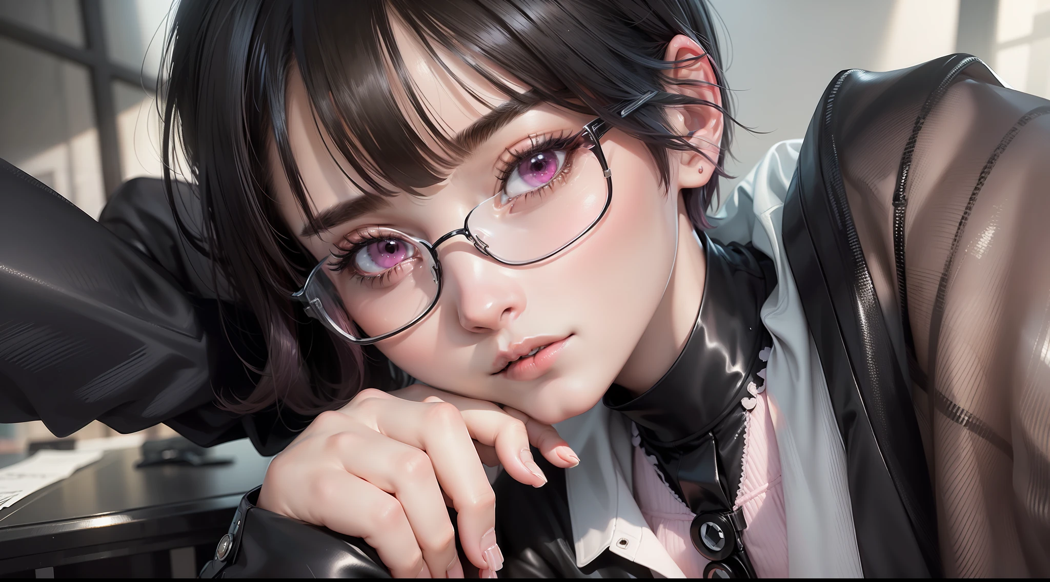 ((masterpiece, best quality)),illustration,ultra detailed 8k,photorealistic,sharp focus,highly detailed,professional,girl, white glasses,short hair, black and pink hair, black long sleeve shirt, pink jacket, black trousers, sexy body, futuristic room,black long sleeve shirt girl, pink jacket,
