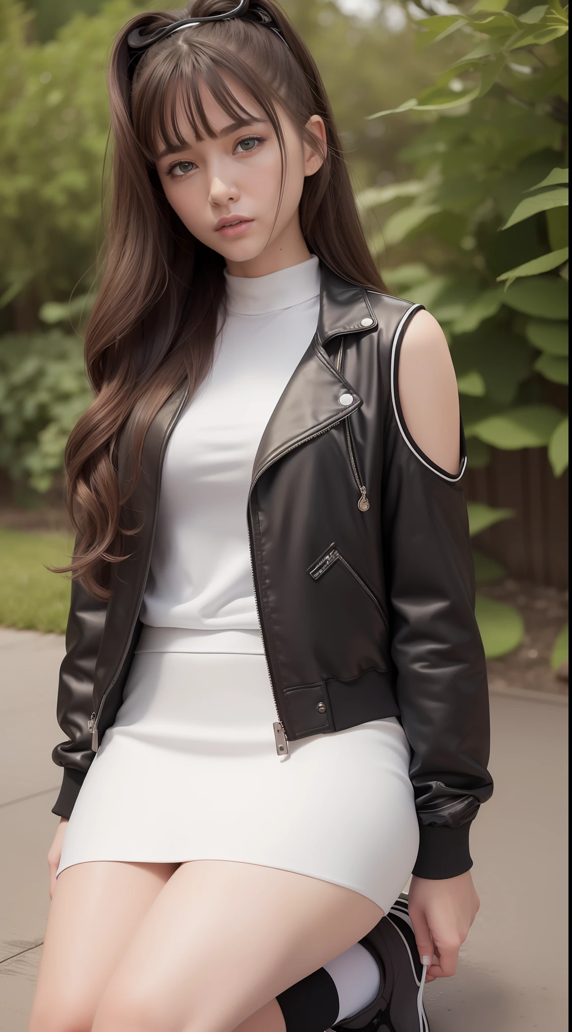(masterpiece), (best quality), highres, (realistic, photo-realistic), ultra detailed, physically-based rendering, detailed beautiful eyes and detailed face, 1girl, upper body, long wavy hair, white shirt, black jacket, scrunchie on the arm, tennis skirt, stipe knee-high socks, black sneakers, in park