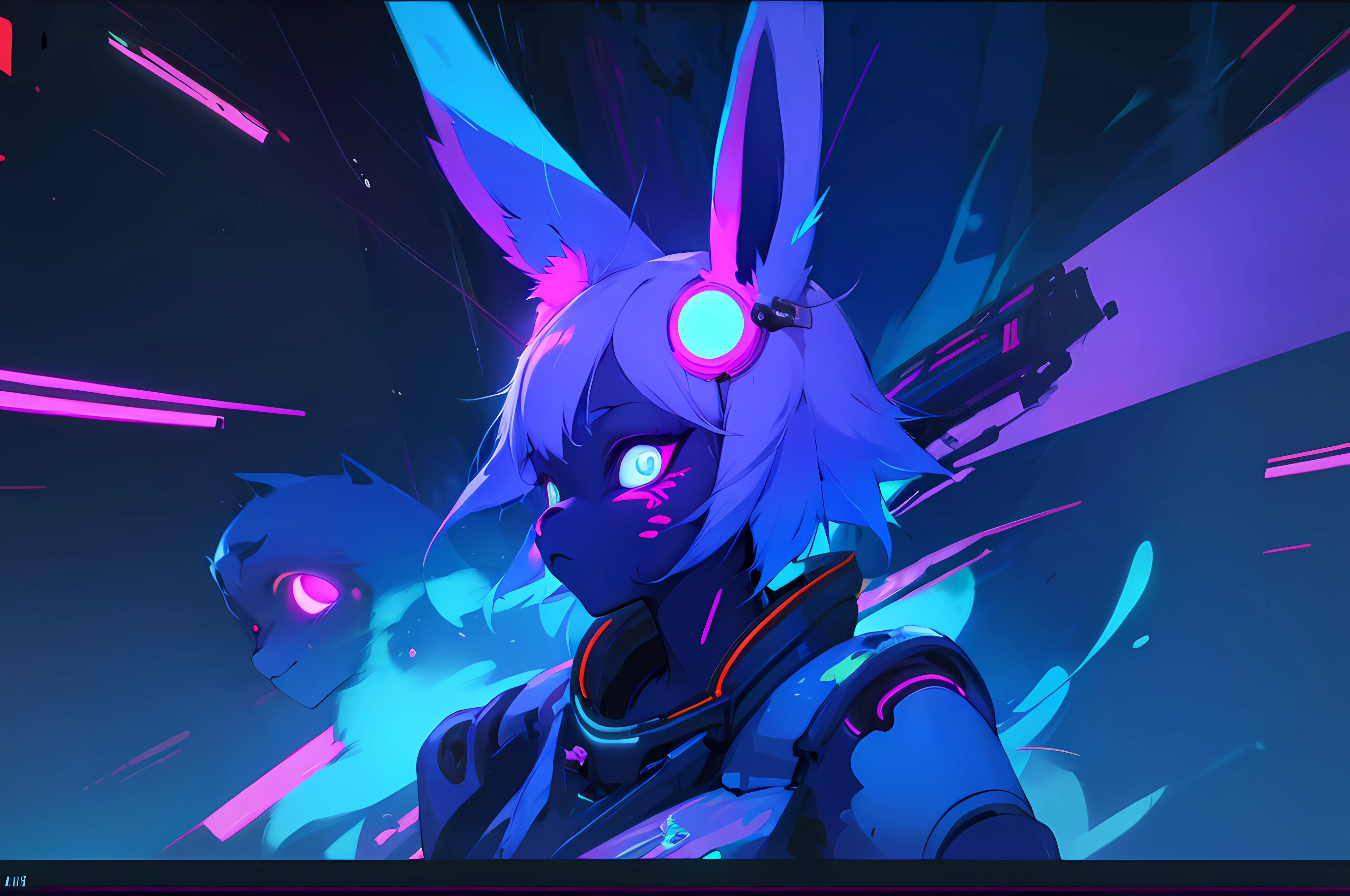 (vintage vhs), (crt screenshot), (Zen, Amy Sol style),  (((blue anthro kemono furry rabbit))), underground cavern shining flashlight in old ruins, scene from a show about a blue anthro furry kemono rabbit who investigates deep space crime, (vast decrepit scenery:1.2) blame! style, nightmarish illustration, glowing eyes everywhere, intense eye contact, hybrid human / anthro, electrixbunny, rabbit anthro portrait, ((portrait)), bunnypunk, weirdcore voidpunk fursona, wearing bunny ears, cover art with light abstraction, abstract, simple vector art, contemporary Cybernetic art, color gradients, soft color palettes, layered forms, whimsical animation, style Ethereal abstract, 4K, , anime character with futuristic hair and glowing eyes in a dark room, digital cyberpunk anime art, anime style 4 k, digital cyberpunk - anime art, anime mecha aesthetic, digital cyberpunk anime!!, anime cyberpunk art, fully robotic!! catgirl, hyper concept art, cyberpunk anime girl mech, portrait anime space cadet girl, wearing cybernetic bunny ears --v6