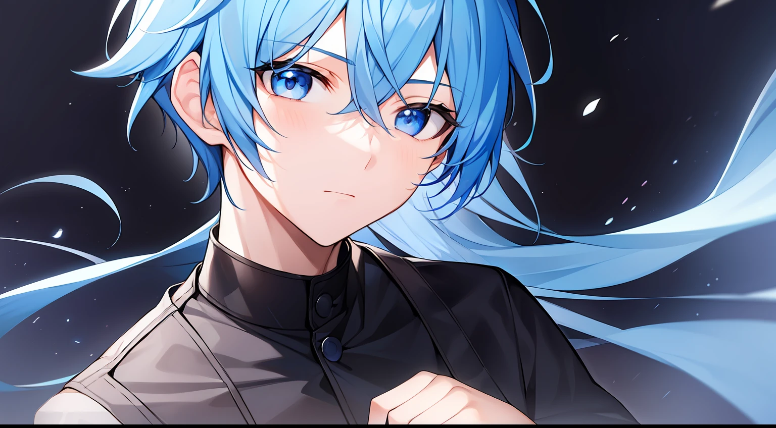 1boy, blue hair, black clothes, black eyes,