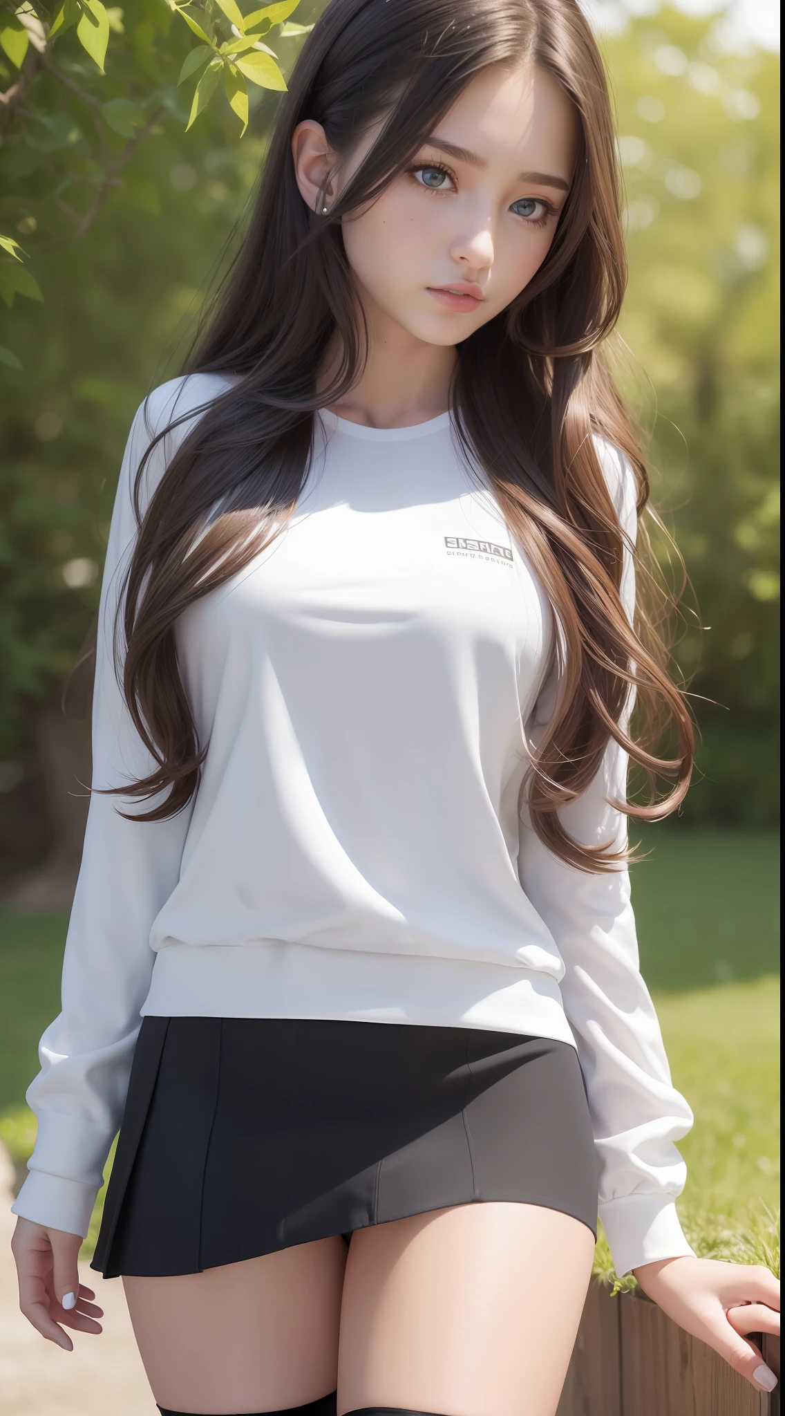 (masterpiece), (best quality), highres, (realistic, photo-realistic), ultra detailed, physically-based rendering, detailed beautiful eyes and detailed face, 1girl, upper body, long wavy hair, white shirt, black jacket, scrunchie on the arm, tennis skirt, stipe knee-high socks, black sneakers, in park