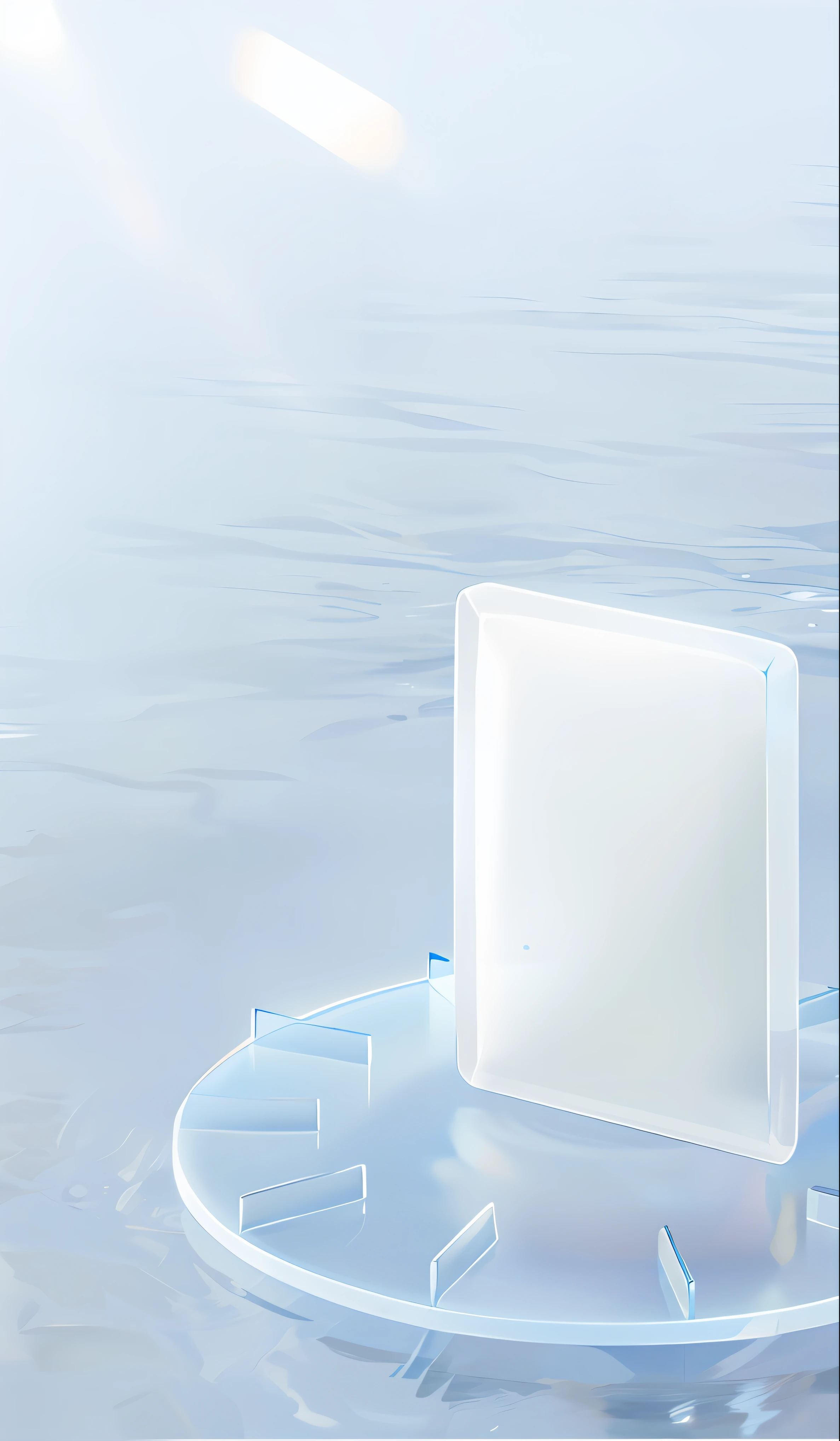 There is a clock floating in the water, water in background, Fluid bags, sleek cool waterproof design, sleek waterproof design, light blue water, ultra clear material, bottom angles, water background, Transparent water, tansparent water, SleekDesign, Transparent skin, Translucent white skin, Smooth translucent white skin, liquid simulation background, water, crisp smooth lines