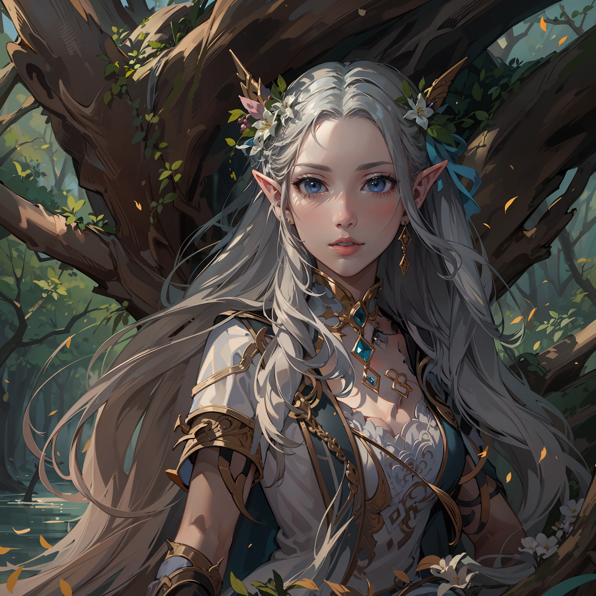 fallen wood,Elf with a bow:1.1,One Unicorn, One Girl and One Fairy:1.1,Undulating lakes,deep-forest,Blowing in the wind,Has depth,(4K), (Raw photo: 1.2), (Realism: 1.4), (masutepiece: 1.3), (exquisite detailing: 1.2), Delicate and beautiful details, (Eye Detail), (Facial Detailed), (Highest Quality) :1.4), (Hyper-Resolution: 1.2),(very detailed illustration), Best Quality, depth of fields, Wide light, natural shadows