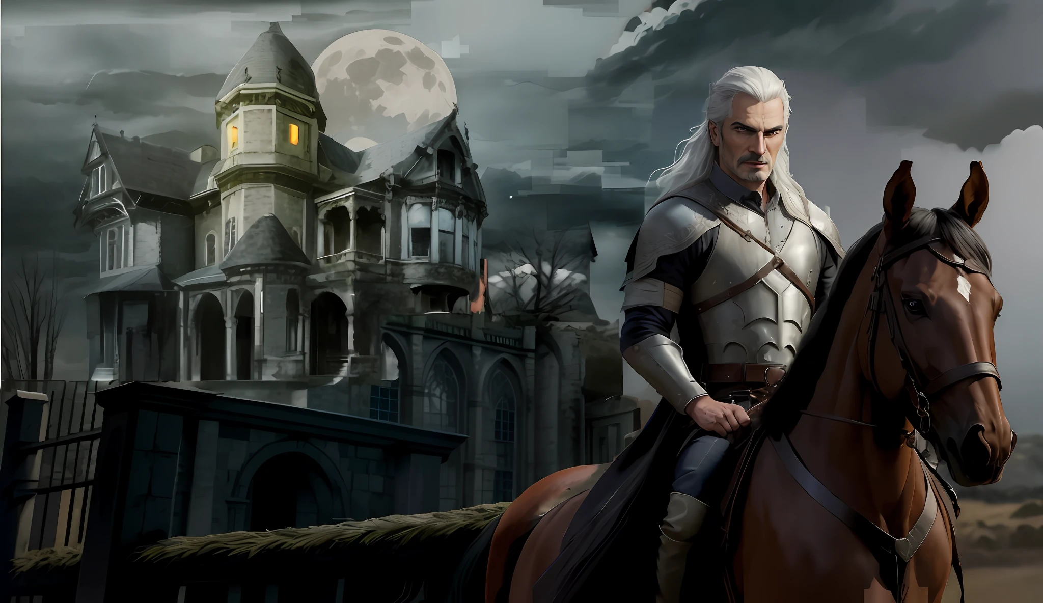There's a man with long, flowing hair on a horse in front of a haunted castle and a huge moon (noite tempestuosa), Lush moon behind the castle, clouds charged in the sky, Onset of the cyclone, clima sombrio, Mystery in the air, 3D render e tinta escura, inspirado em Andor Basch, Ultra realista, Crisp matte paint, arte do jogo tinta escura, tinta escura", tinta escura", tinta escura, majestosa tinta escura, 2 d cg | |, arte de fundo, tinta escura requintada, Witcher)), Mario como The Witcher, foto de retrato de tinta escura